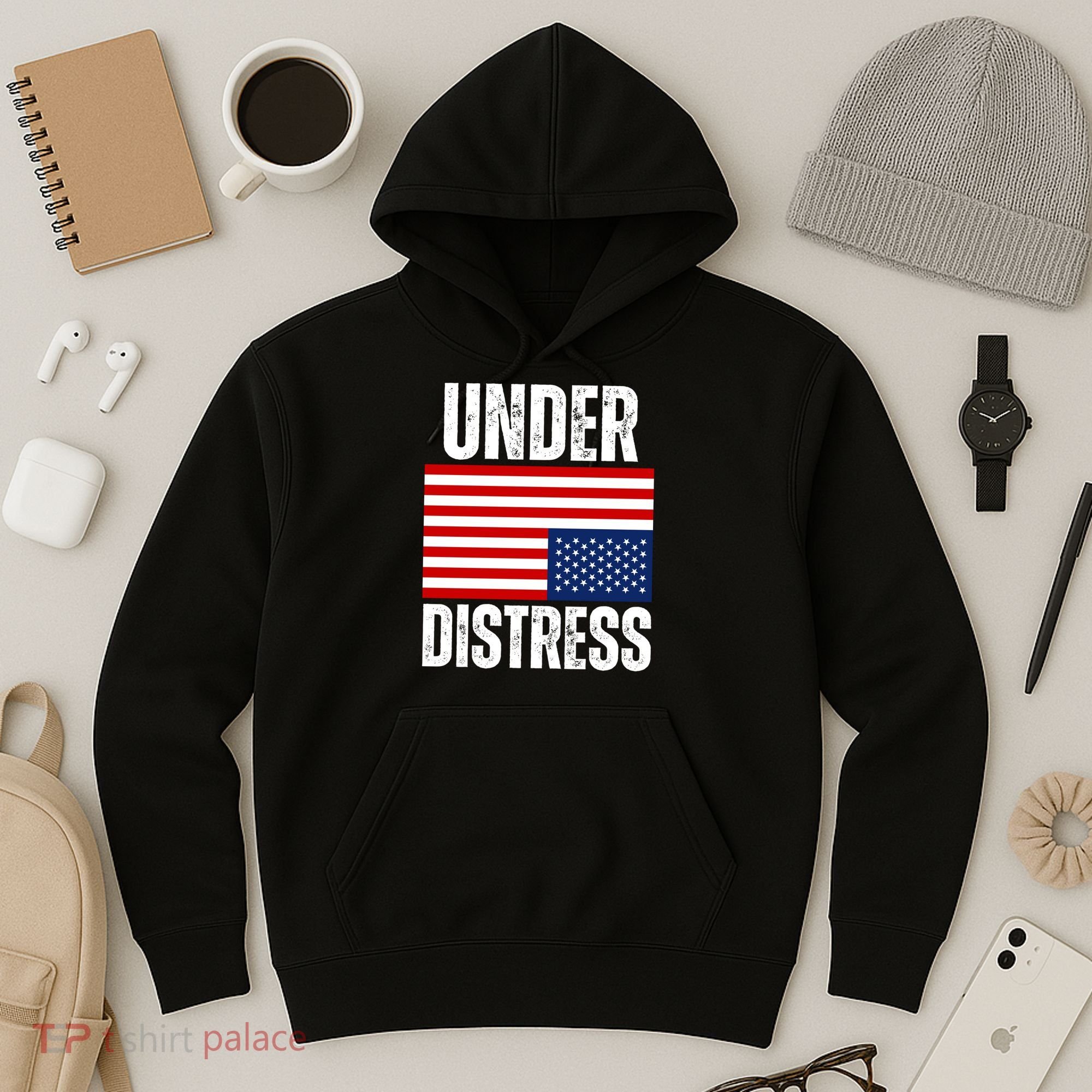 Under Distress Upside Down Tattered American Flag US Patriot Hoodie