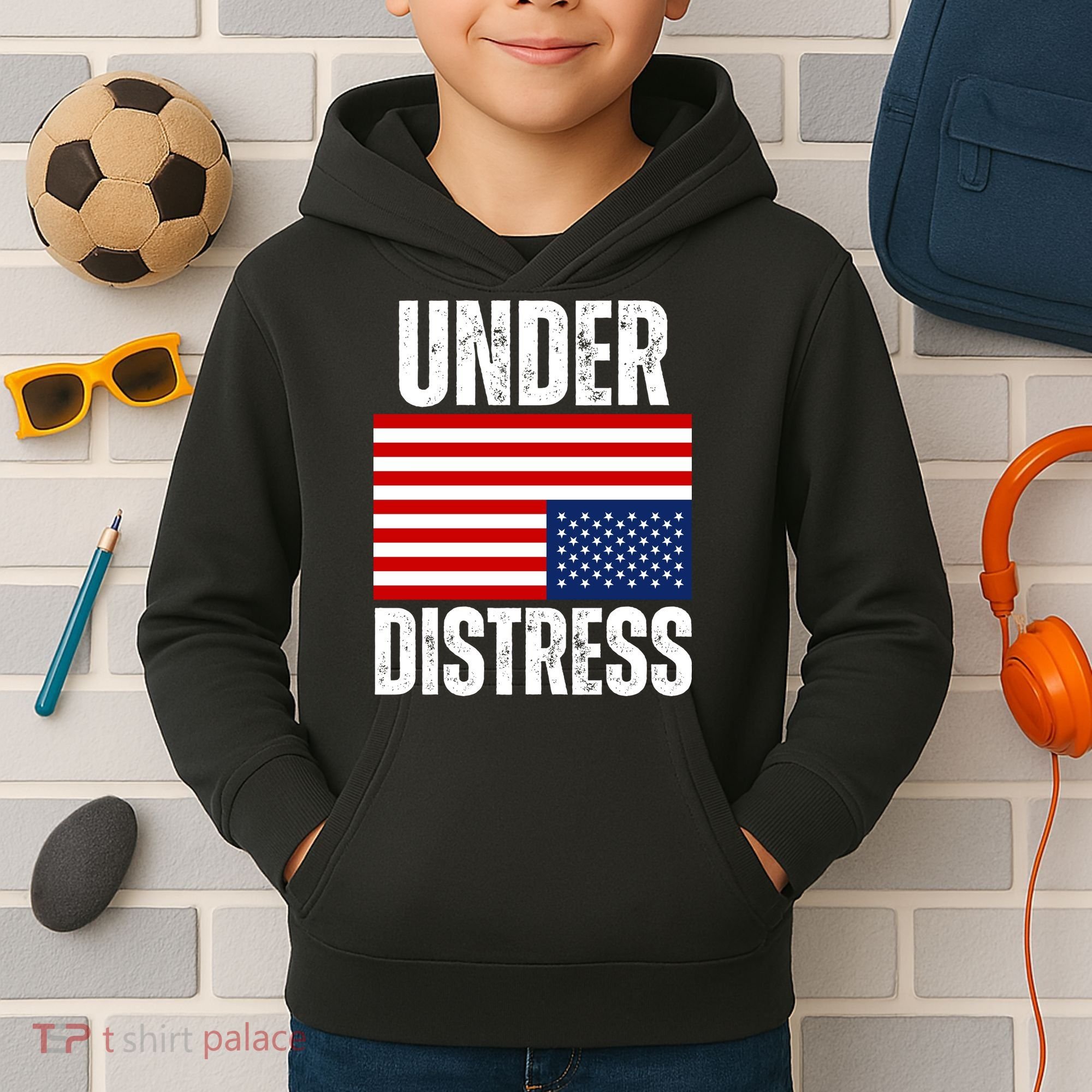 Under Distress Upside Down Tattered American Flag US Patriot Kids Hoodie