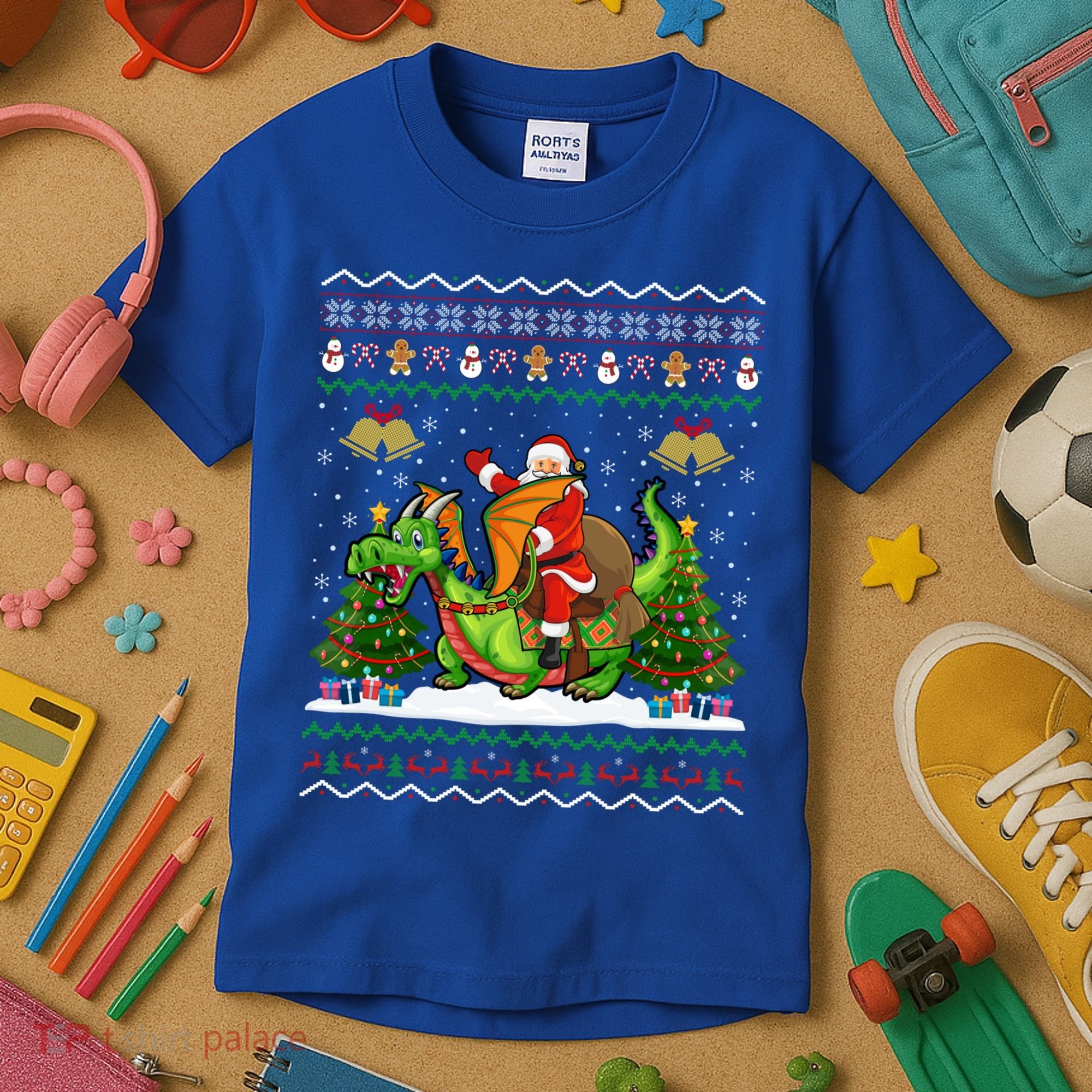 Ugly Dragon Xmas Gift Santa Riding Dragon Christmas Cool Gift Kids T-Shirt