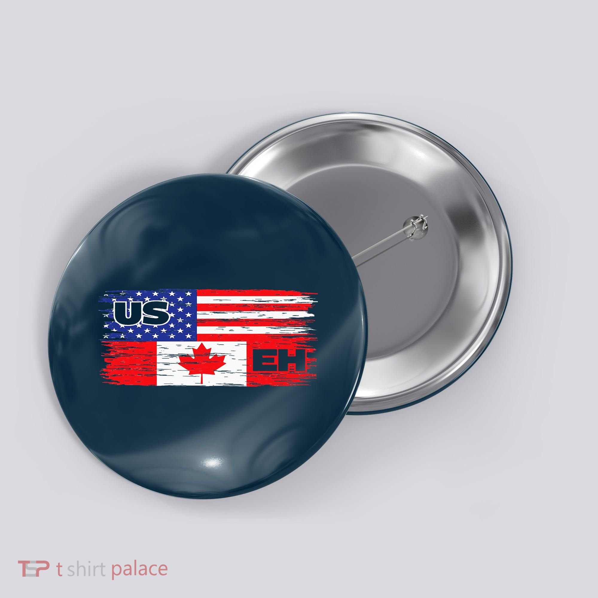US EH Canada America Flag Maple Leaf Proud Canuck Roots Button