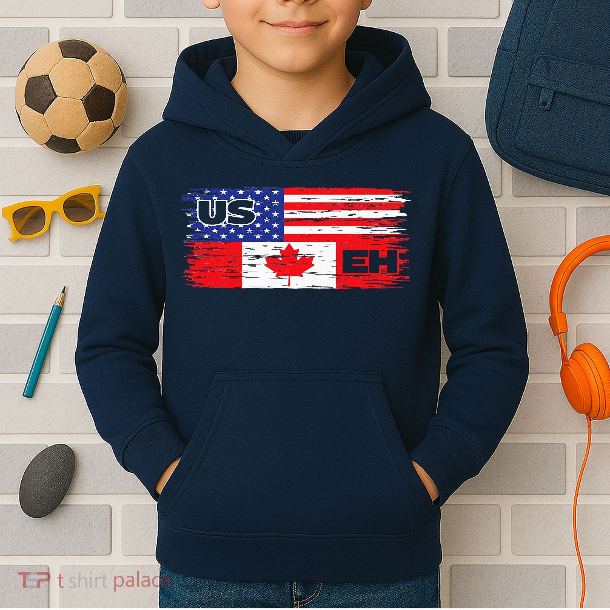 US EH Canada America Flag Maple Leaf Proud Canuck Roots Kids Hoodie