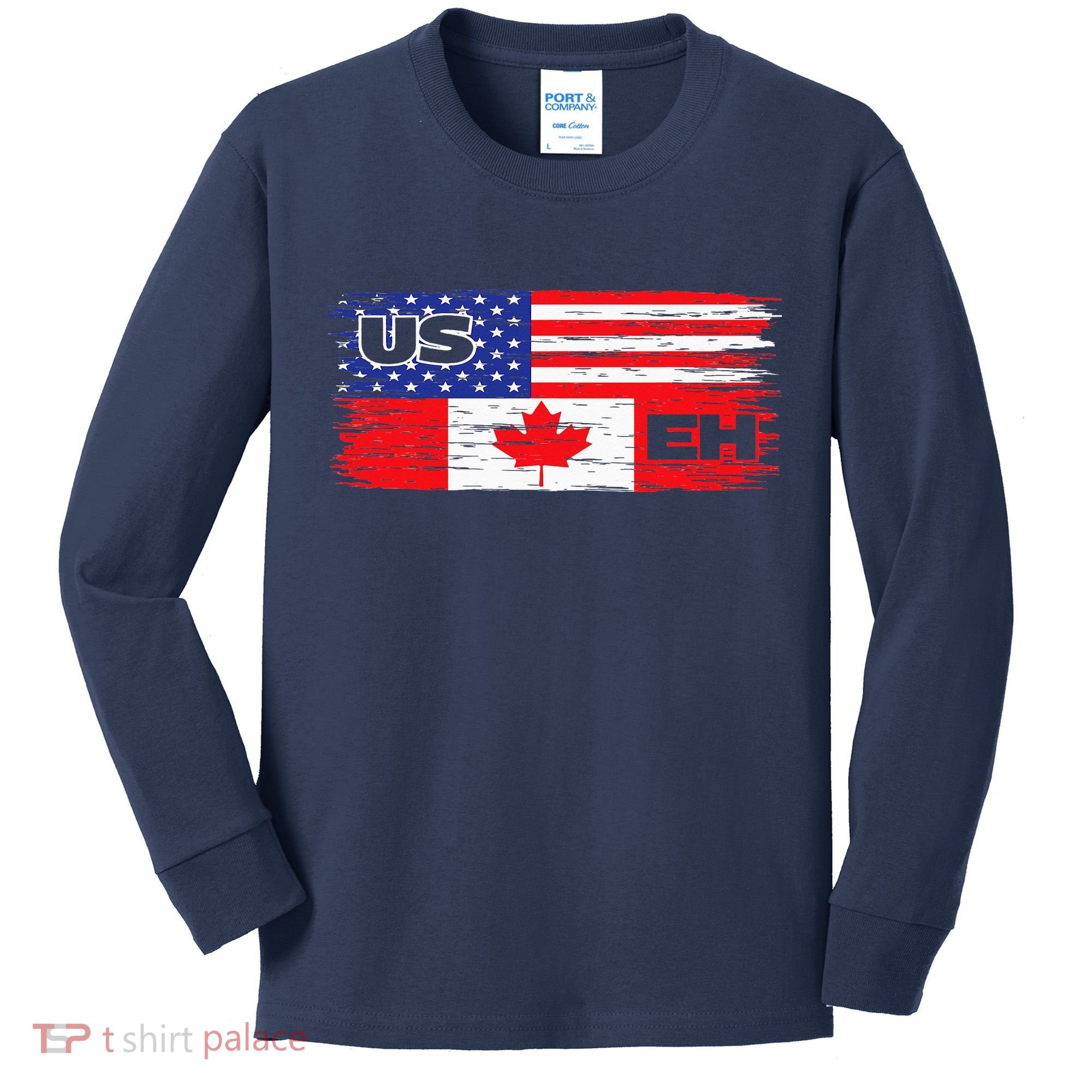 US EH Canada America Flag Maple Leaf Proud Canuck Roots Kids Long Sleeve Shirt