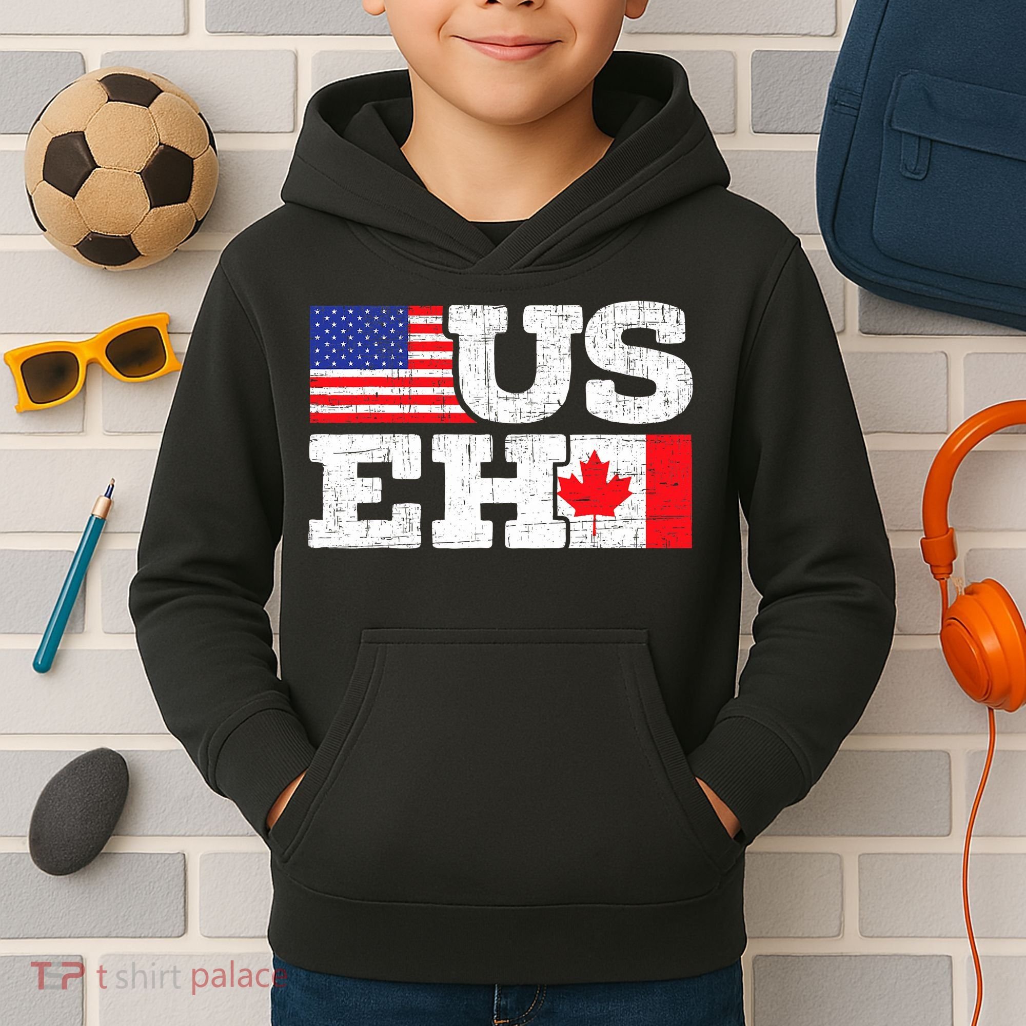 US EH Canada America Flag Maple Leaf Proud Canuck Roots Kids Hoodie