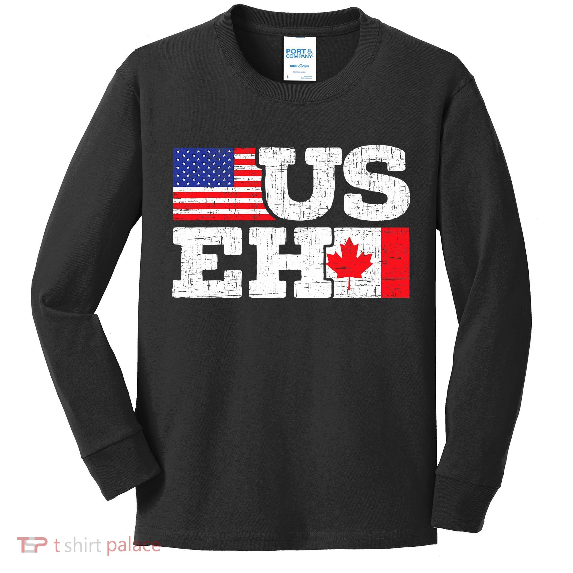 US EH Canada America Flag Maple Leaf Proud Canuck Roots Kids Long Sleeve Shirt