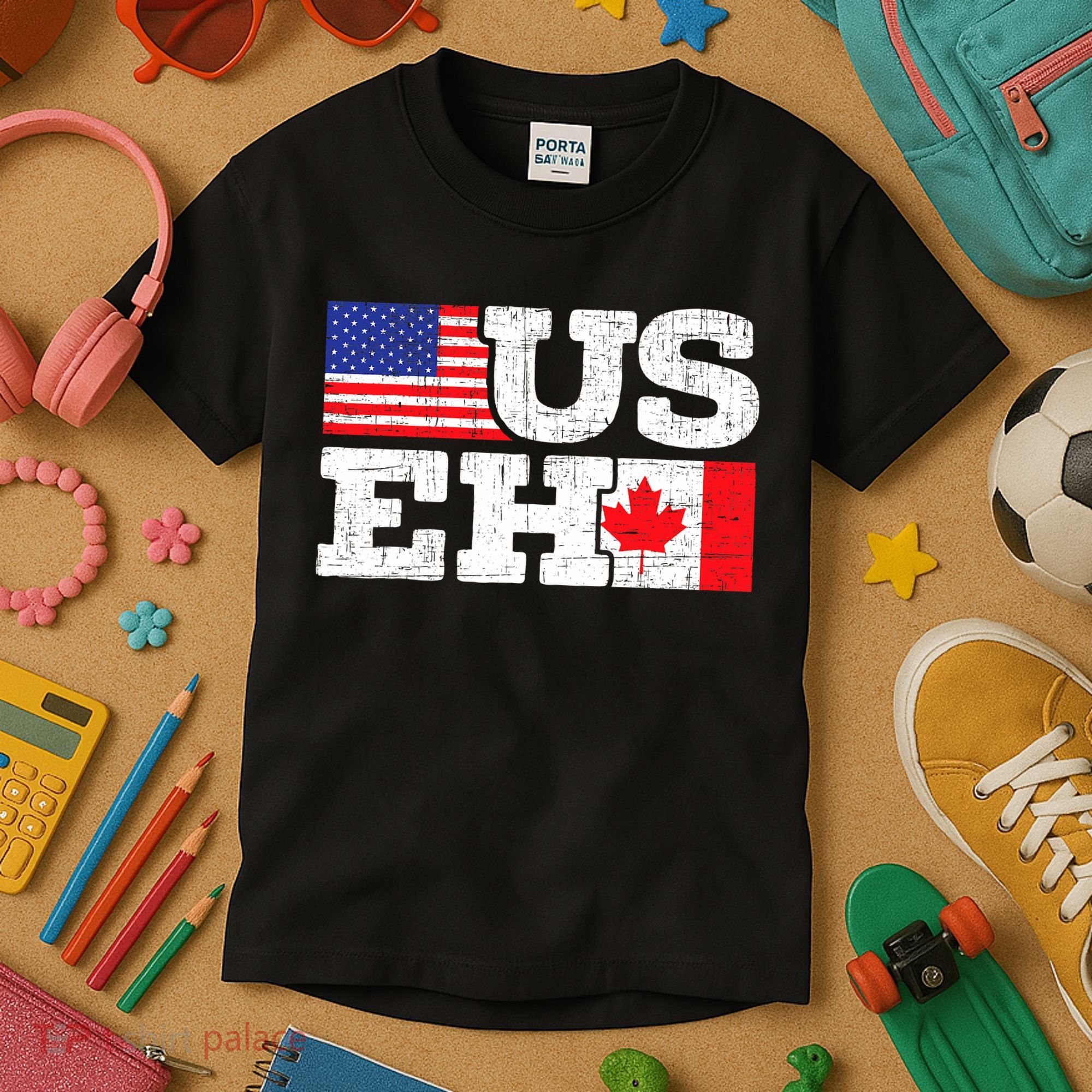US EH Canada America Flag Maple Leaf Proud Canuck Roots Kids T-Shirt