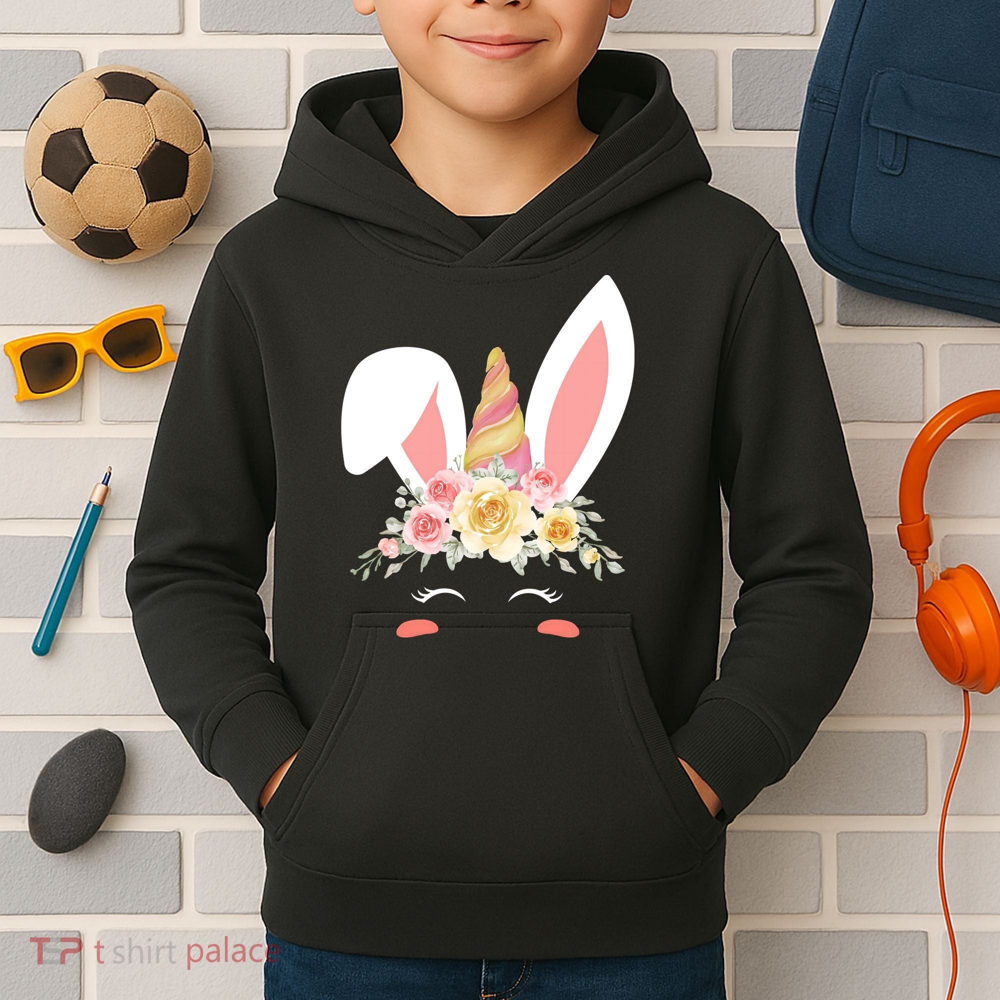 Unicorn Easter Floral Bunny Kids Hoodie