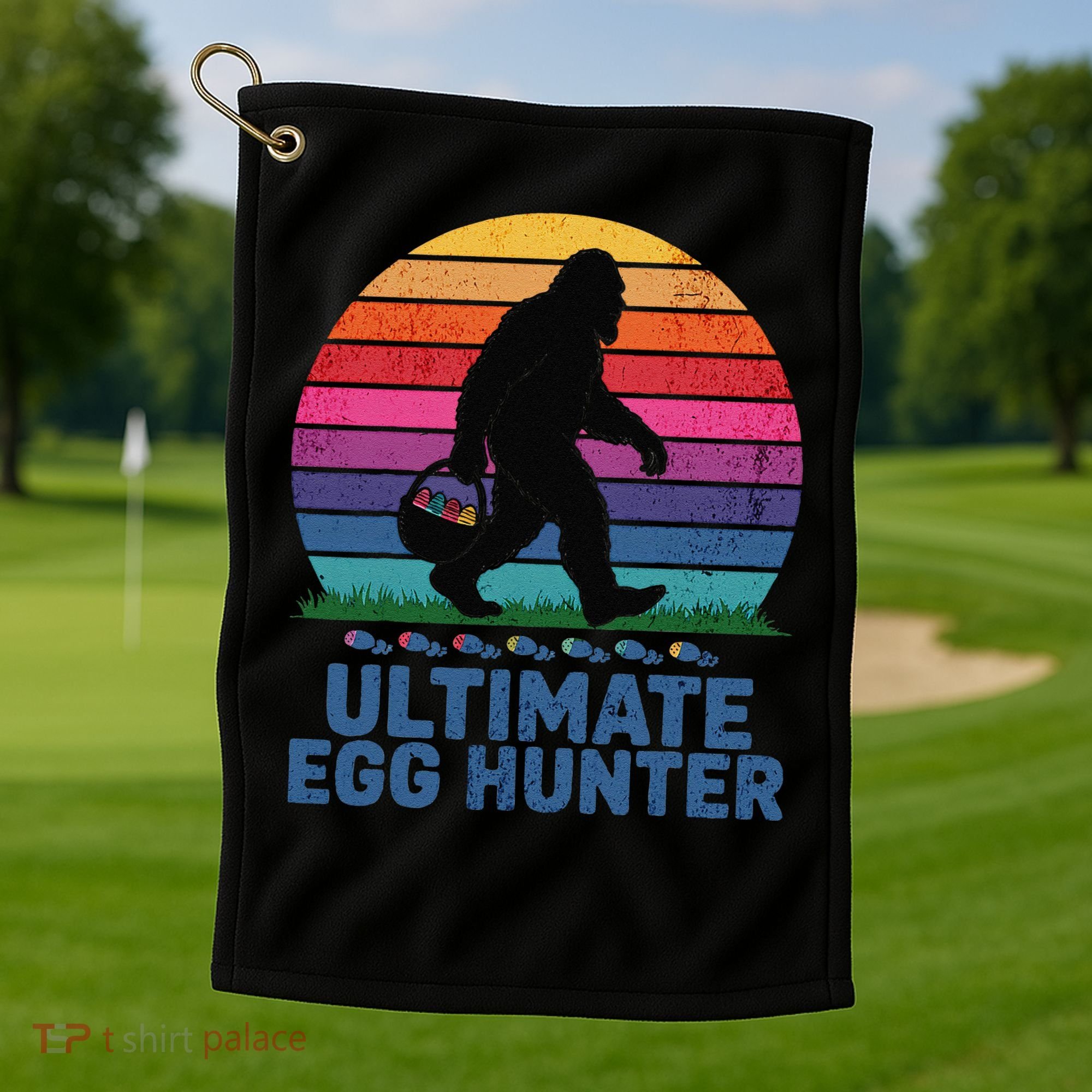 Ultimate Egg Hunter  Retro Bigfoot Easter Golf Towel