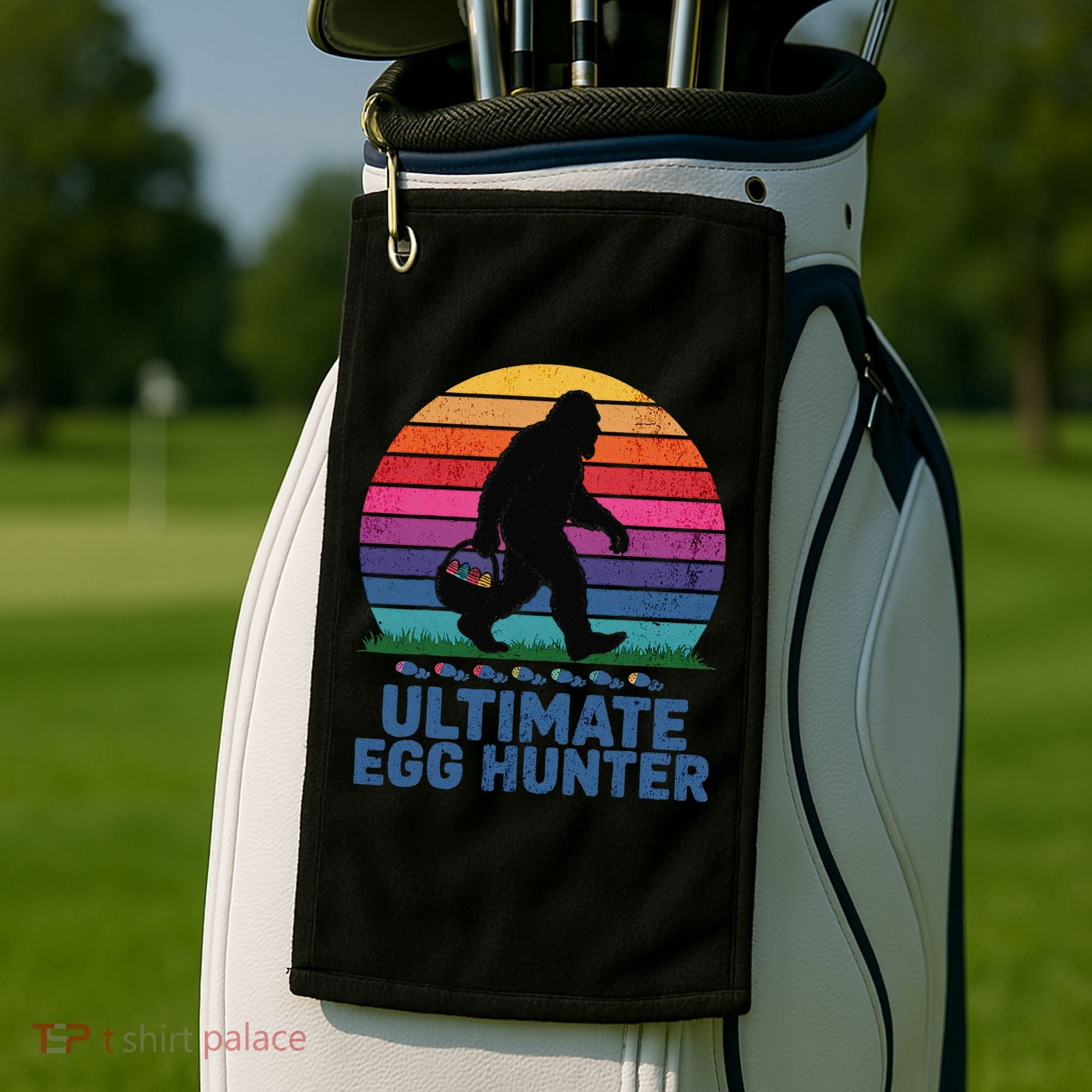 Ultimate Egg Hunter  Retro Bigfoot Easter Golf Towel