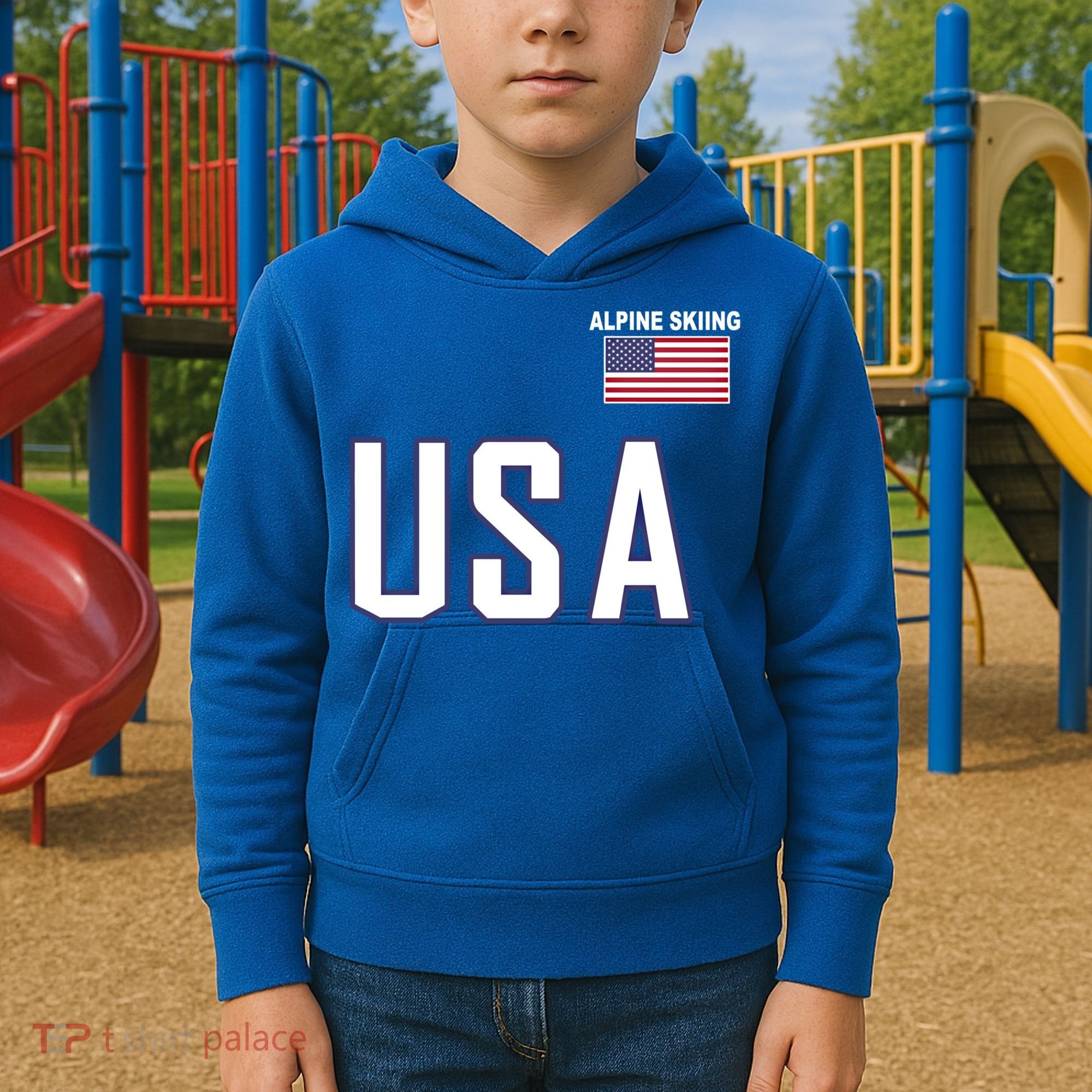 Usa Flag Alpine Skiing Gift Pocket Nordic Ski Jersey Kids Hoodie