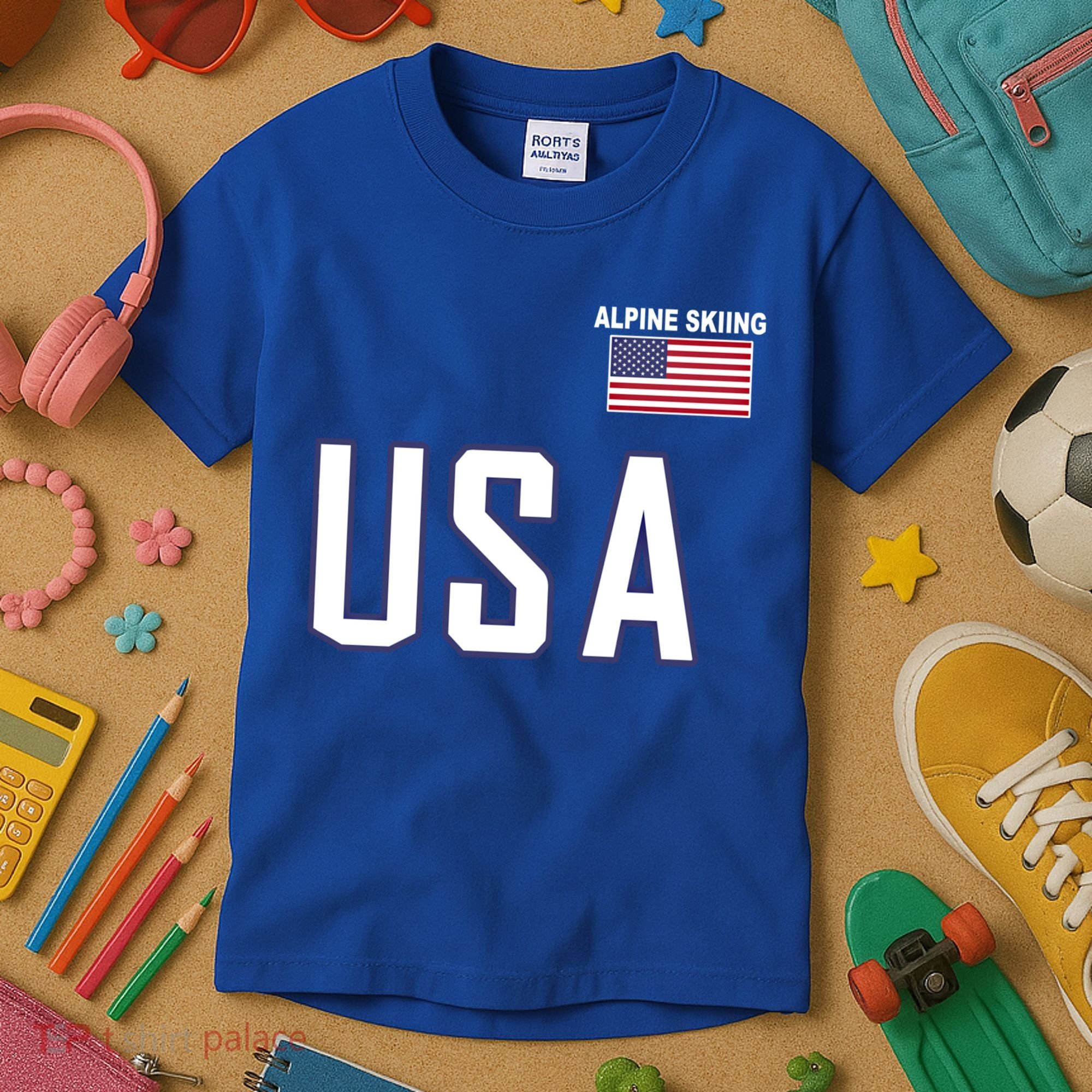 Usa Flag Alpine Skiing Gift Pocket Nordic Ski Jersey Kids T-Shirt