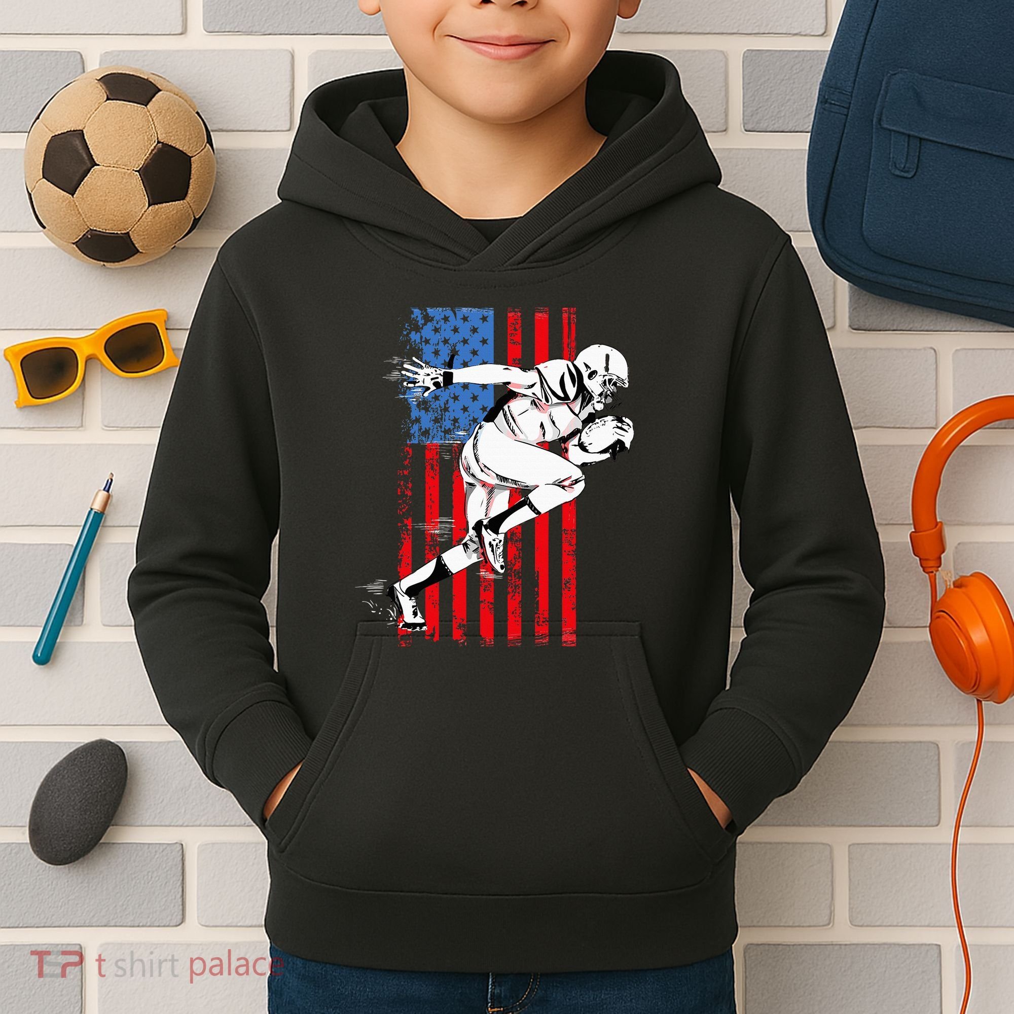 Us Flag American Football Player Kids Hoodie
