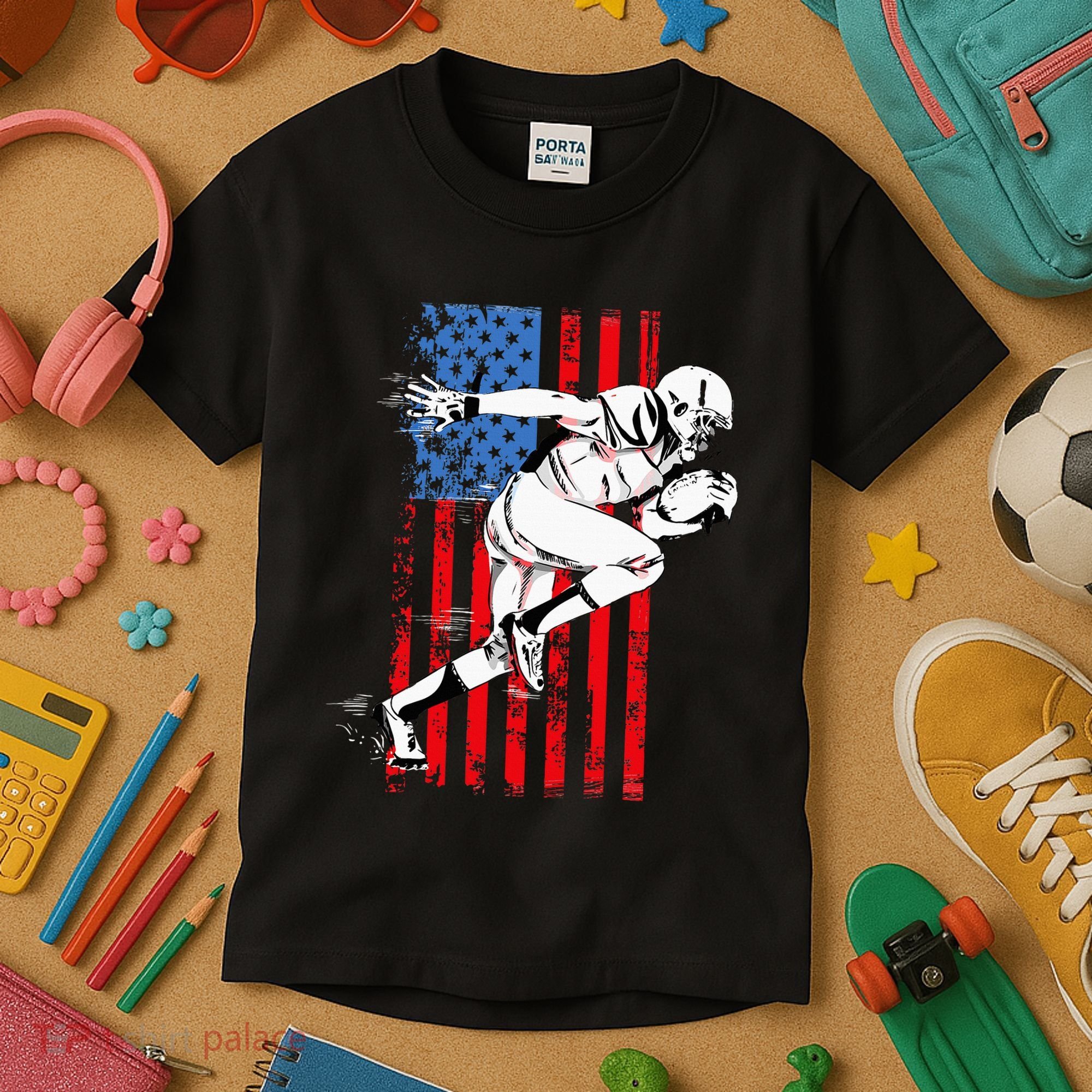 Us Flag American Football Player Kids T-Shirt