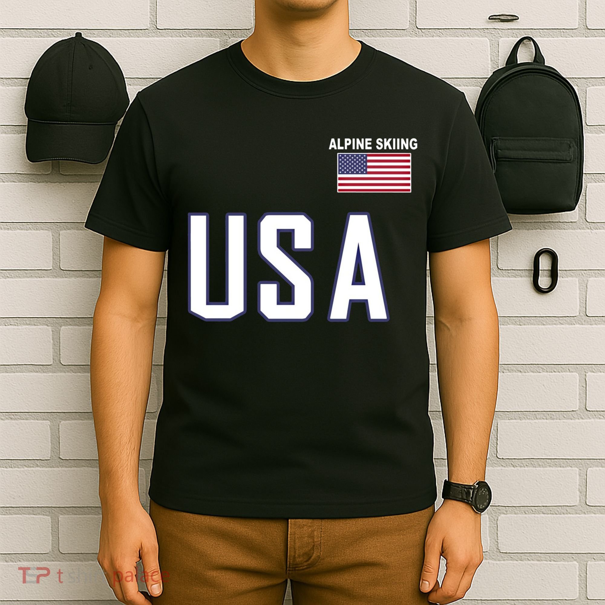 Usa Flag Alpine Skiing Pocket Nordic Ski Jersey T-Shirt