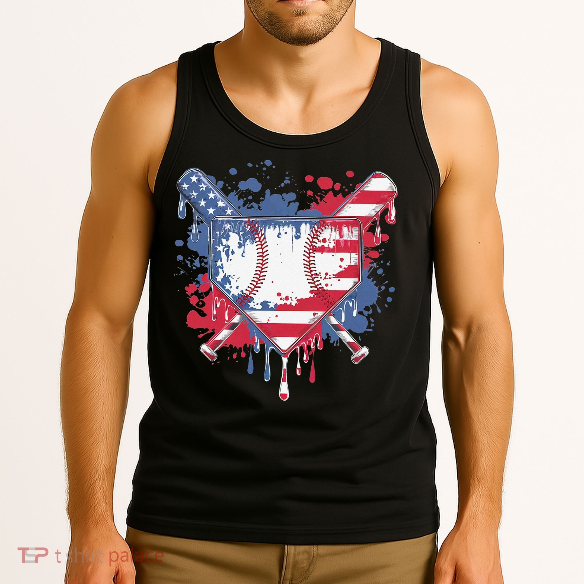 USA Flag Baseball Ice Cream Drip Baseball Home Plate Drip Tank Top