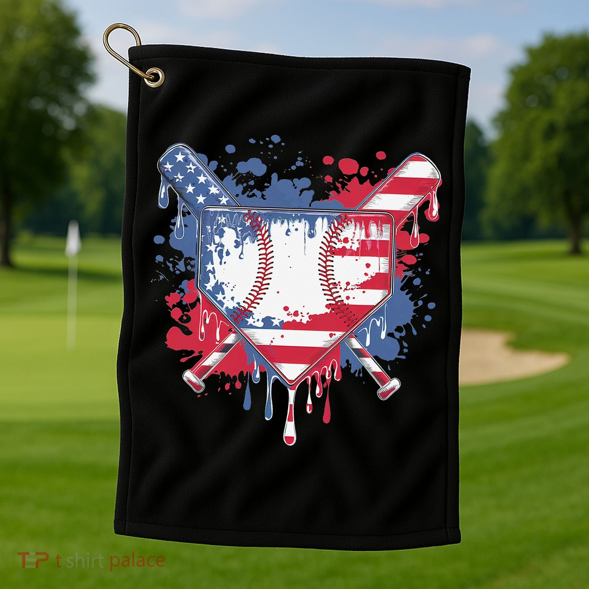USA Flag Baseball Ice Cream Drip Baseball Home Plate Drip Golf Towel