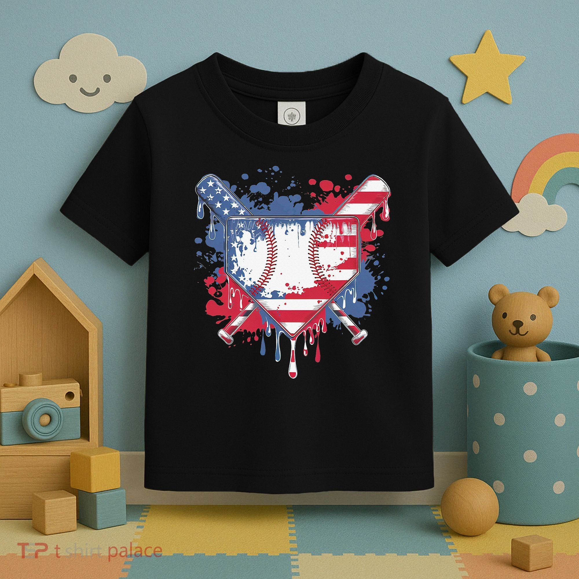 USA Flag Baseball Ice Cream Drip Baseball Home Plate Drip Toddler T-Shirt