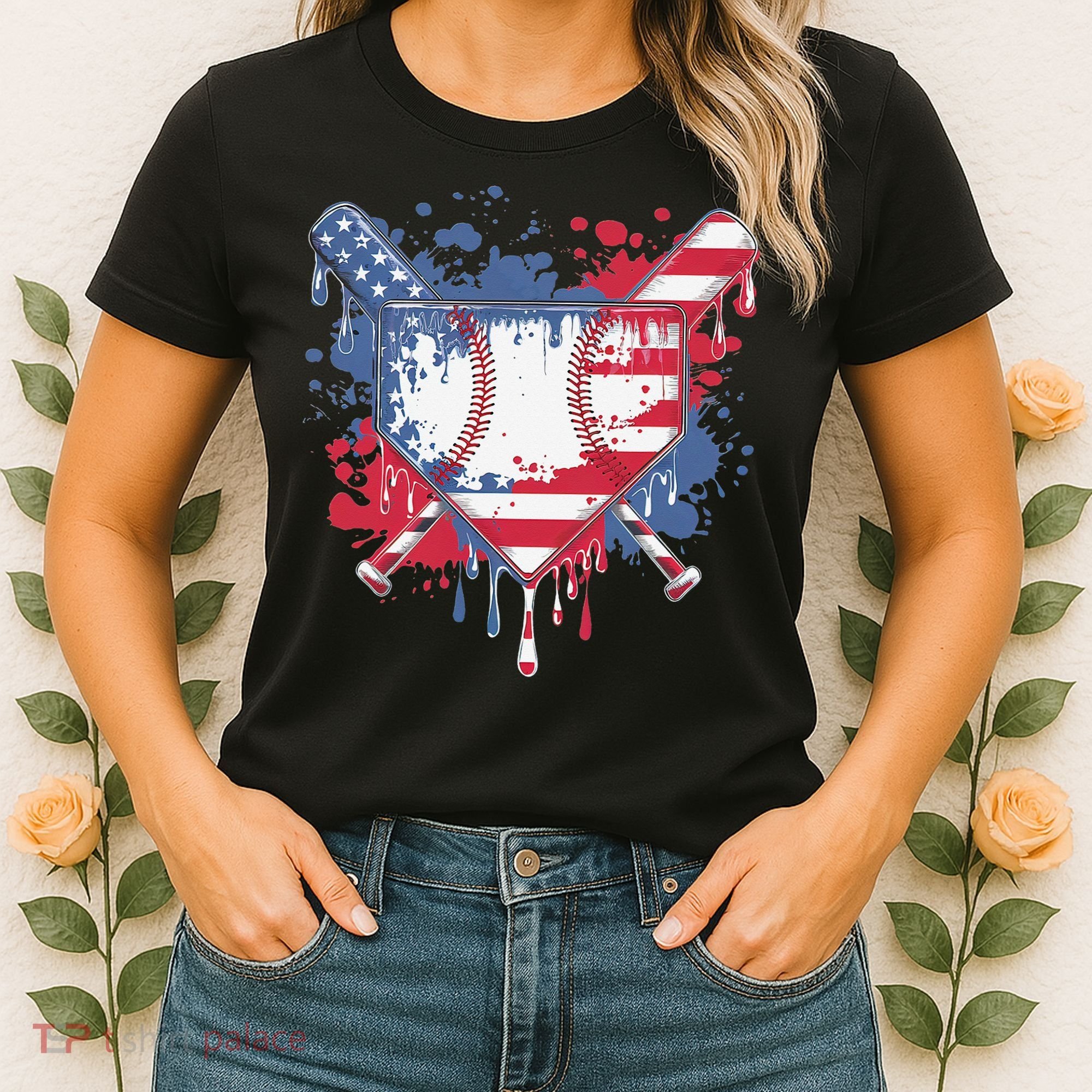 USA Flag Baseball Ice Cream Drip Baseball Home Plate Drip Women's T-Shirt