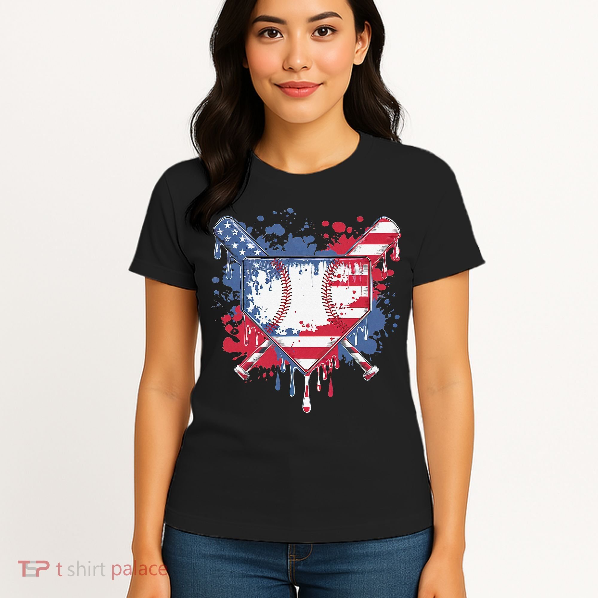 USA Flag Baseball Ice Cream Drip Baseball Home Plate Drip Women's T-Shirt