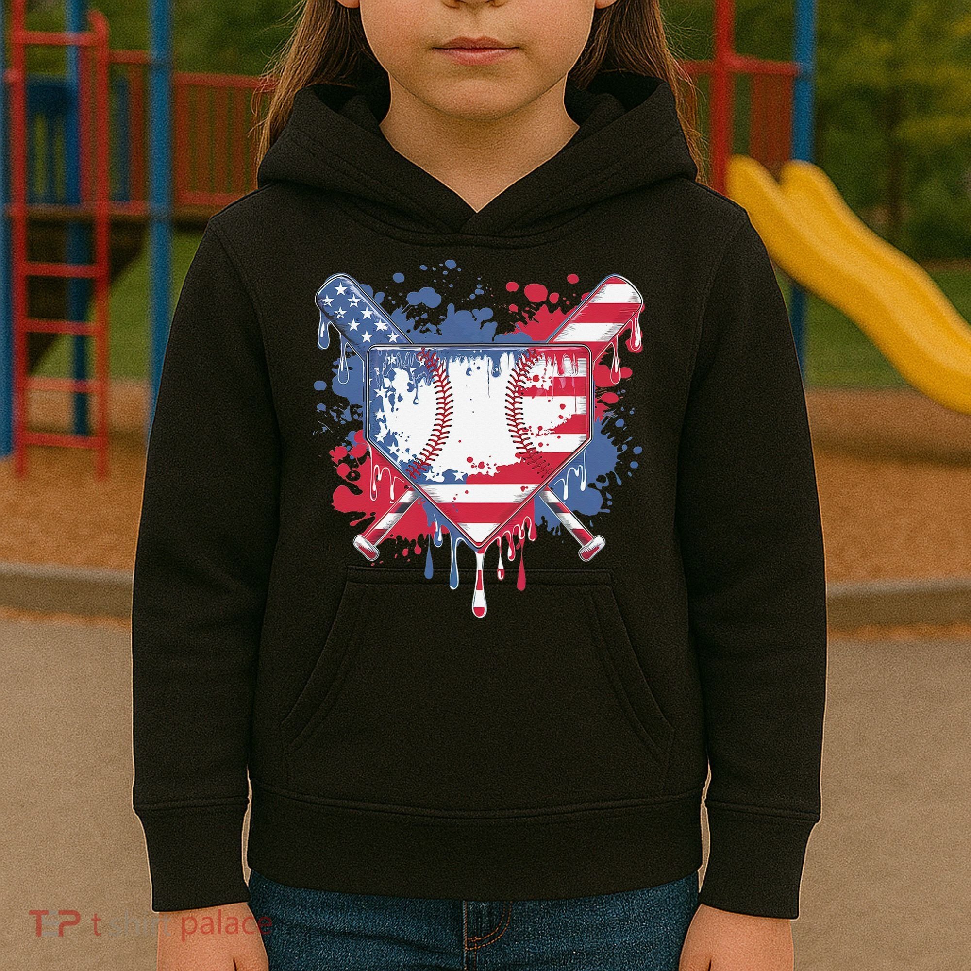 USA Flag Baseball Ice Cream Drip Baseball Home Plate Drip Kids Hoodie