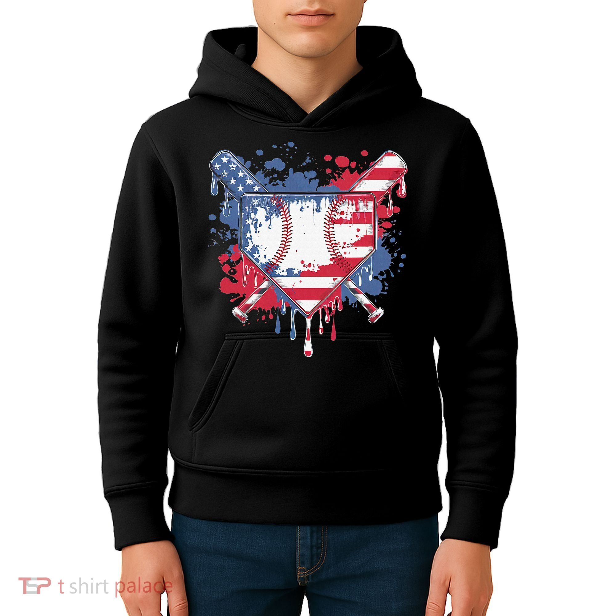 USA Flag Baseball Ice Cream Drip Baseball Home Plate Drip Kids Hoodie