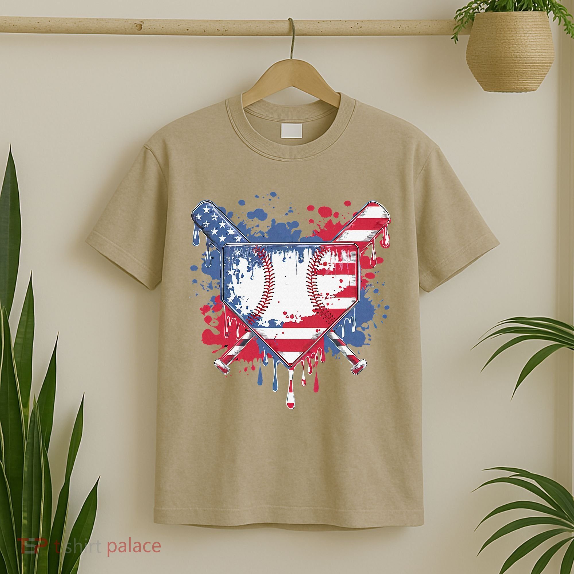 USA Flag Baseball Ice Cream Drip Baseball Home Plate Drip T-Shirt