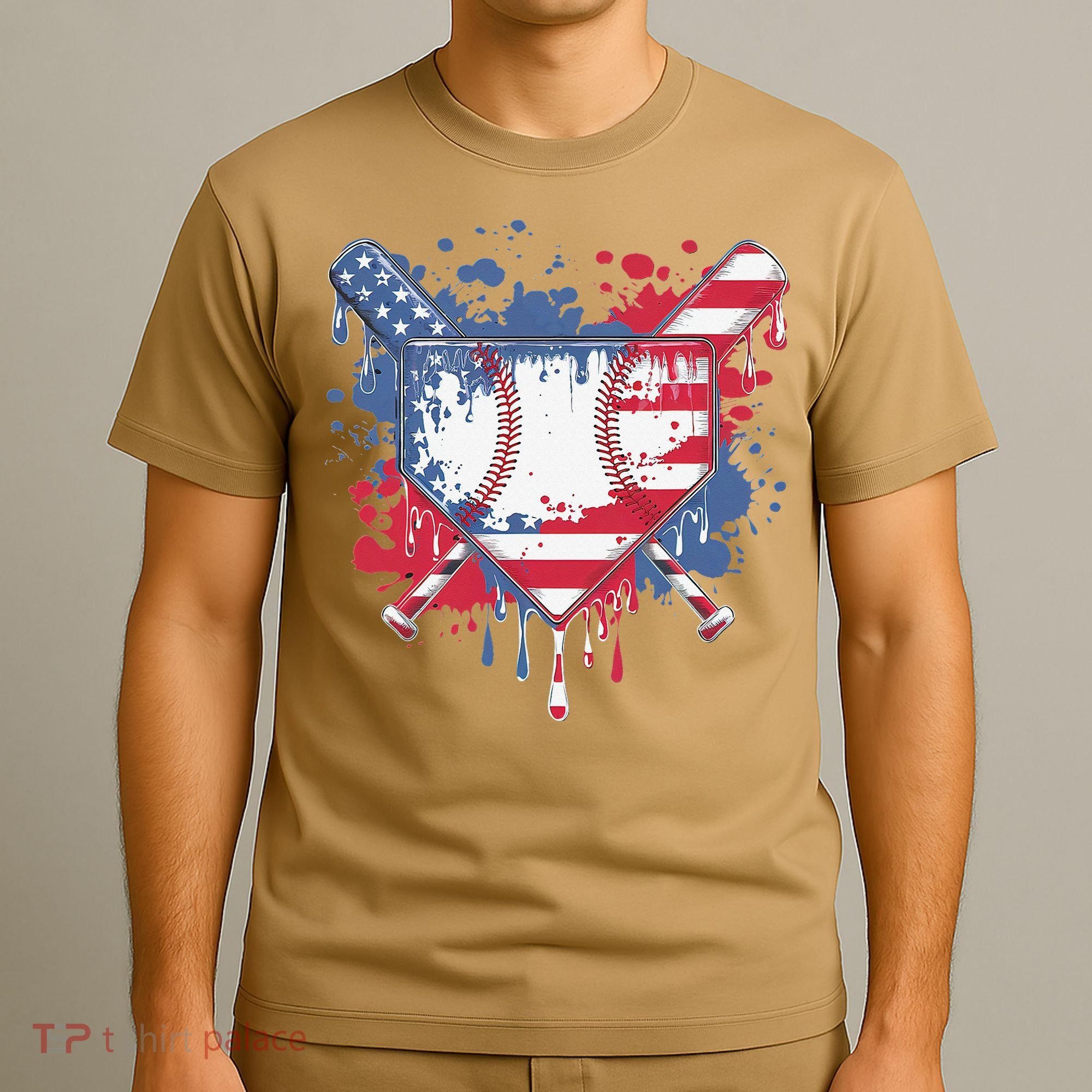 USA Flag Baseball Ice Cream Drip Baseball Home Plate Drip T-Shirt