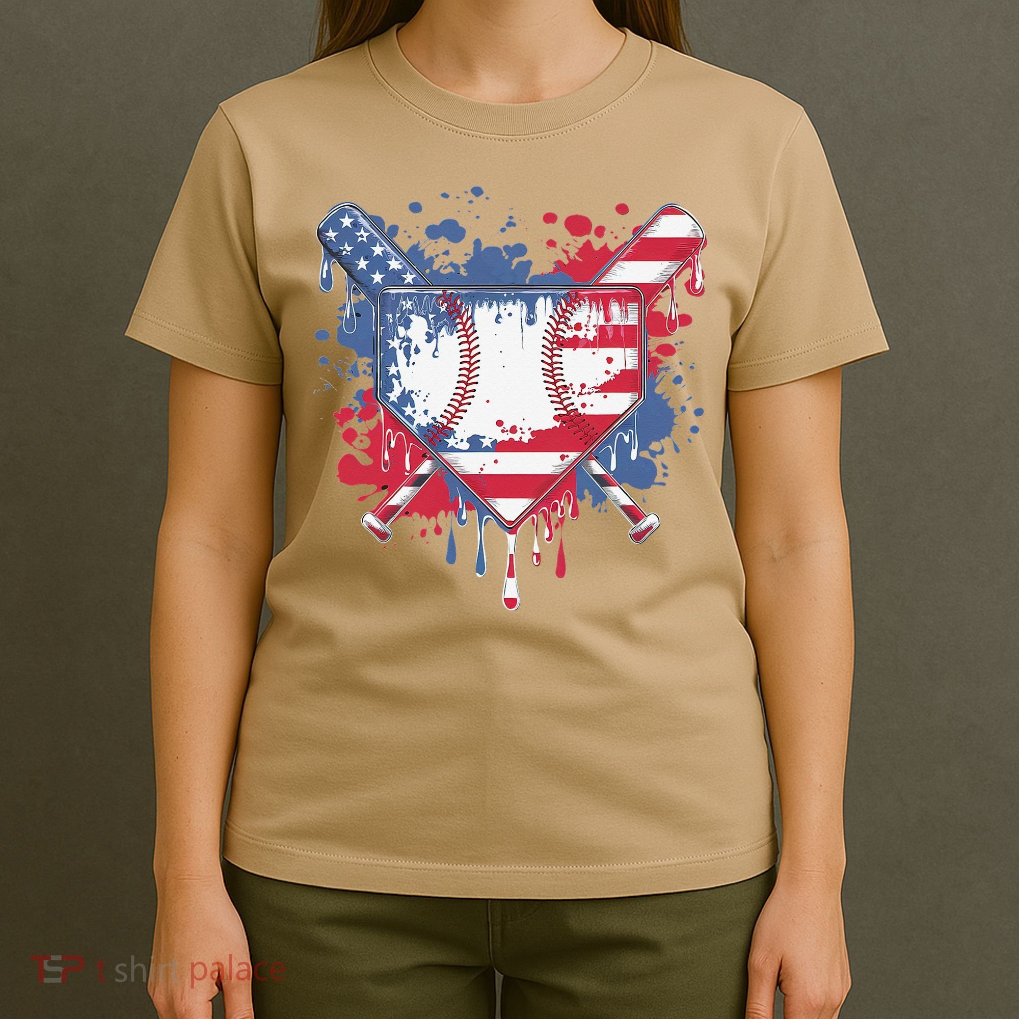 USA Flag Baseball Ice Cream Drip Baseball Home Plate Drip T-Shirt
