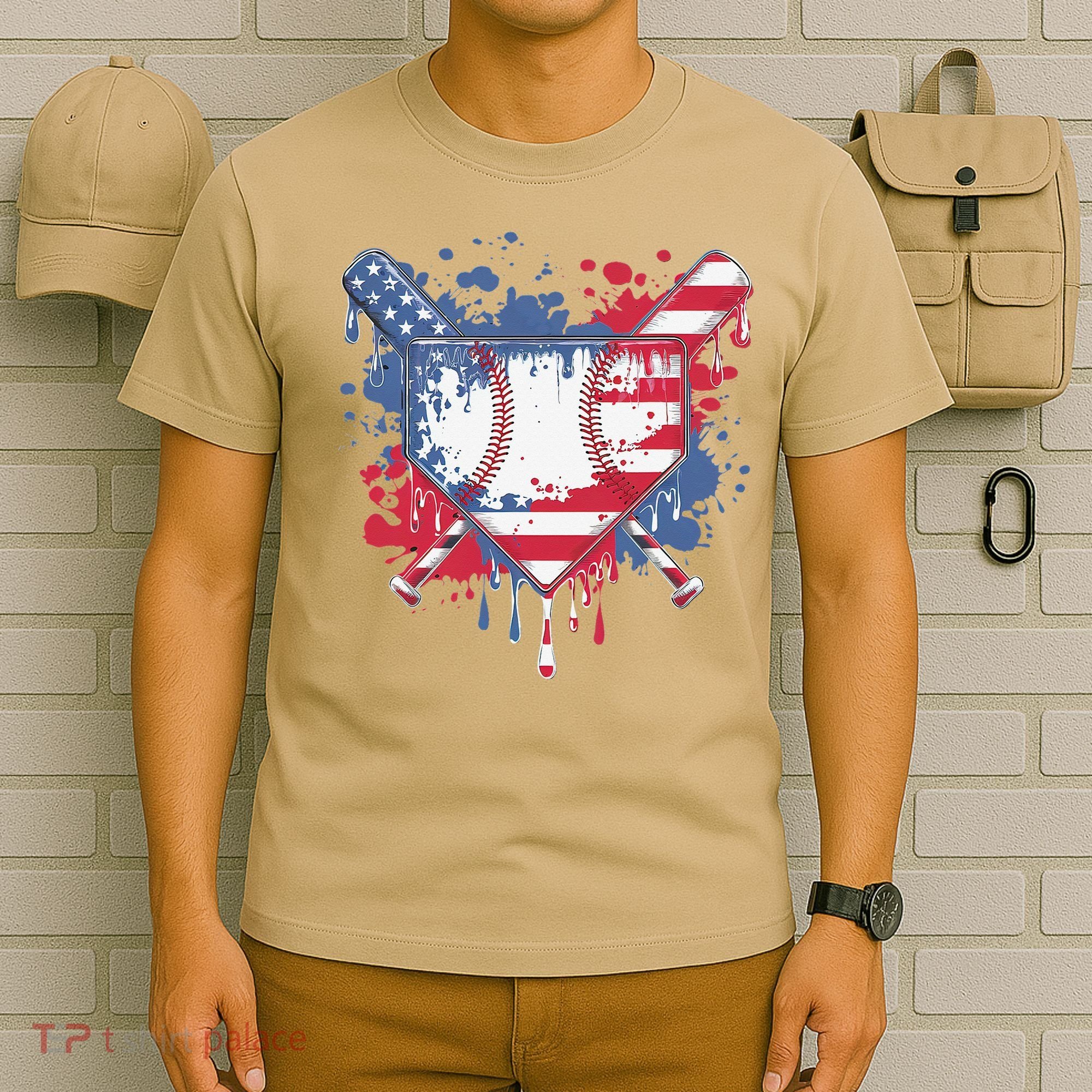 USA Flag Baseball Ice Cream Drip Baseball Home Plate Drip T-Shirt
