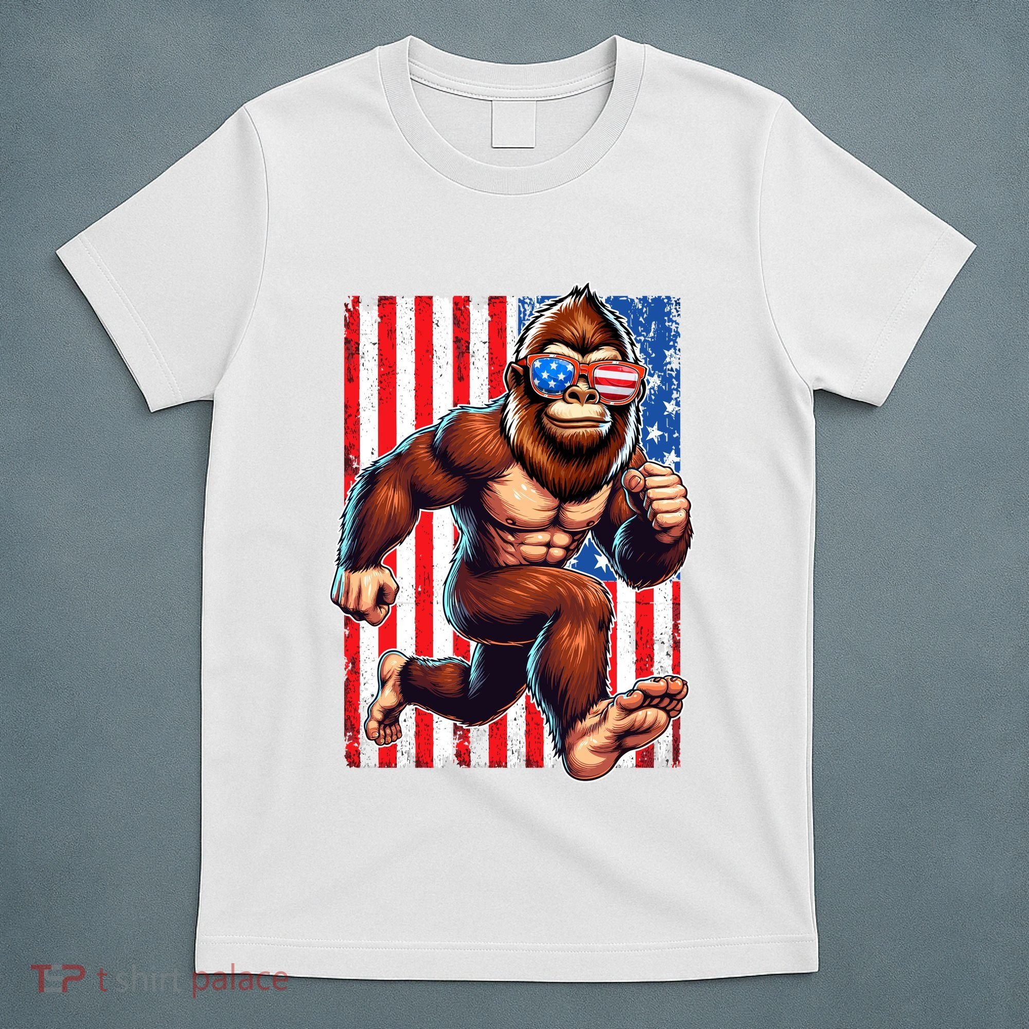 Usa Flag Bigfoot Running 4th Of July T-Shirt