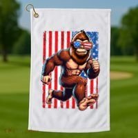 Usa Flag Bigfoot Running 4th Of July Golf Towel thumb 1