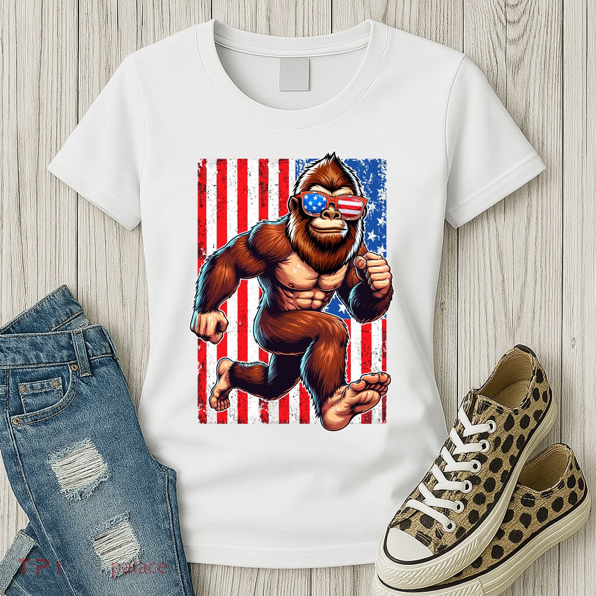 Usa Flag Bigfoot Running 4th Of July Women's T-Shirt