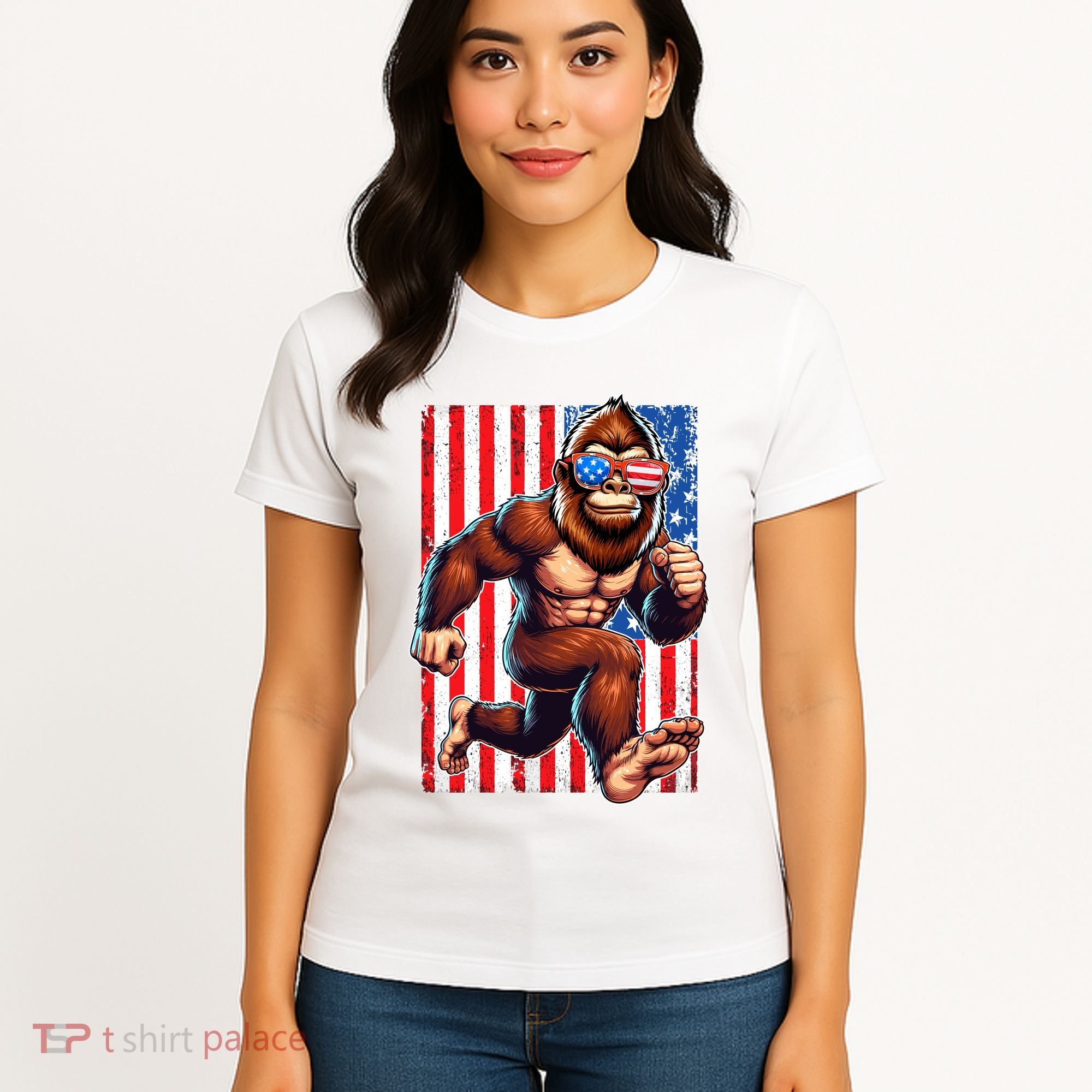 Usa Flag Bigfoot Running 4th Of July Women's T-Shirt