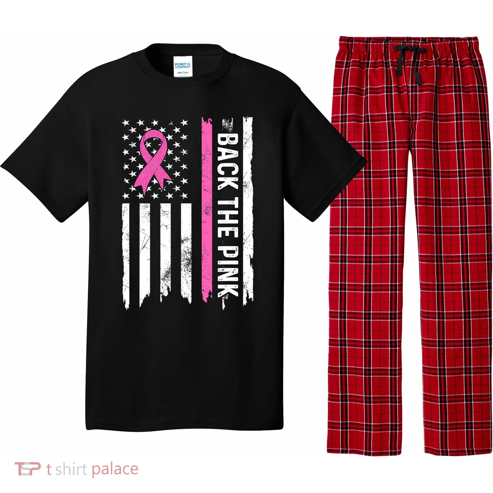 US Flag Back The Pink Ribbon Breast Cancer Awareness Pajama Set