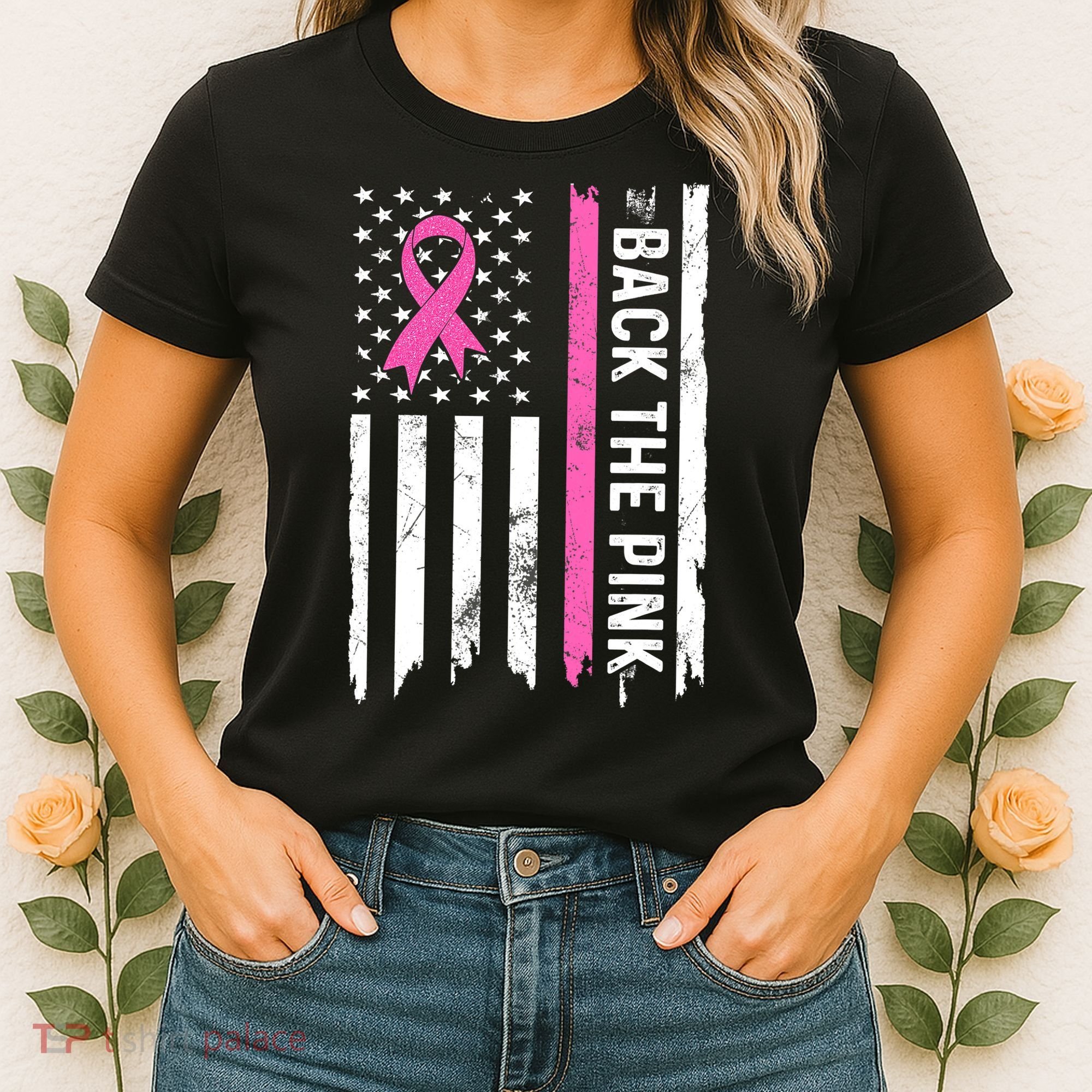 US Flag Back The Pink Ribbon Breast Cancer Awareness Women's T-Shirt