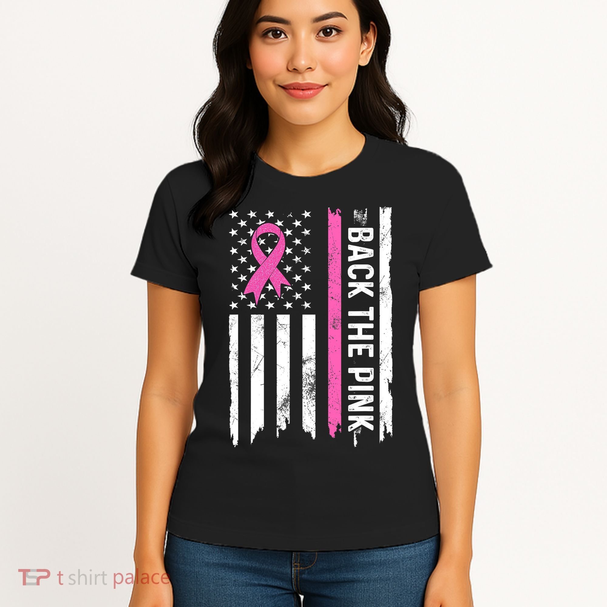 US Flag Back The Pink Ribbon Breast Cancer Awareness Women's T-Shirt