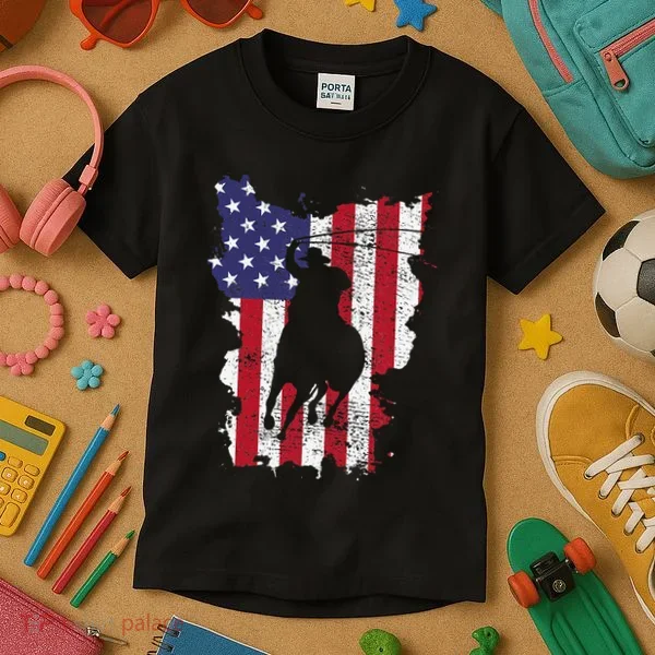 Usa Flag Cowboy Roping Kids T-Shirt