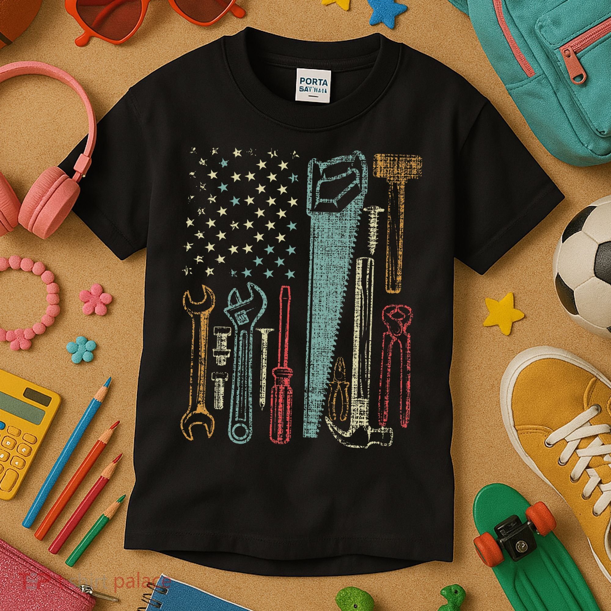 Usa Flag Carpenter And Builder Tools Kids T-Shirt