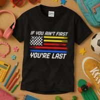 Us Flag Car Racing If You AinT First YouRe Last Kids T-Shirt thumb 3