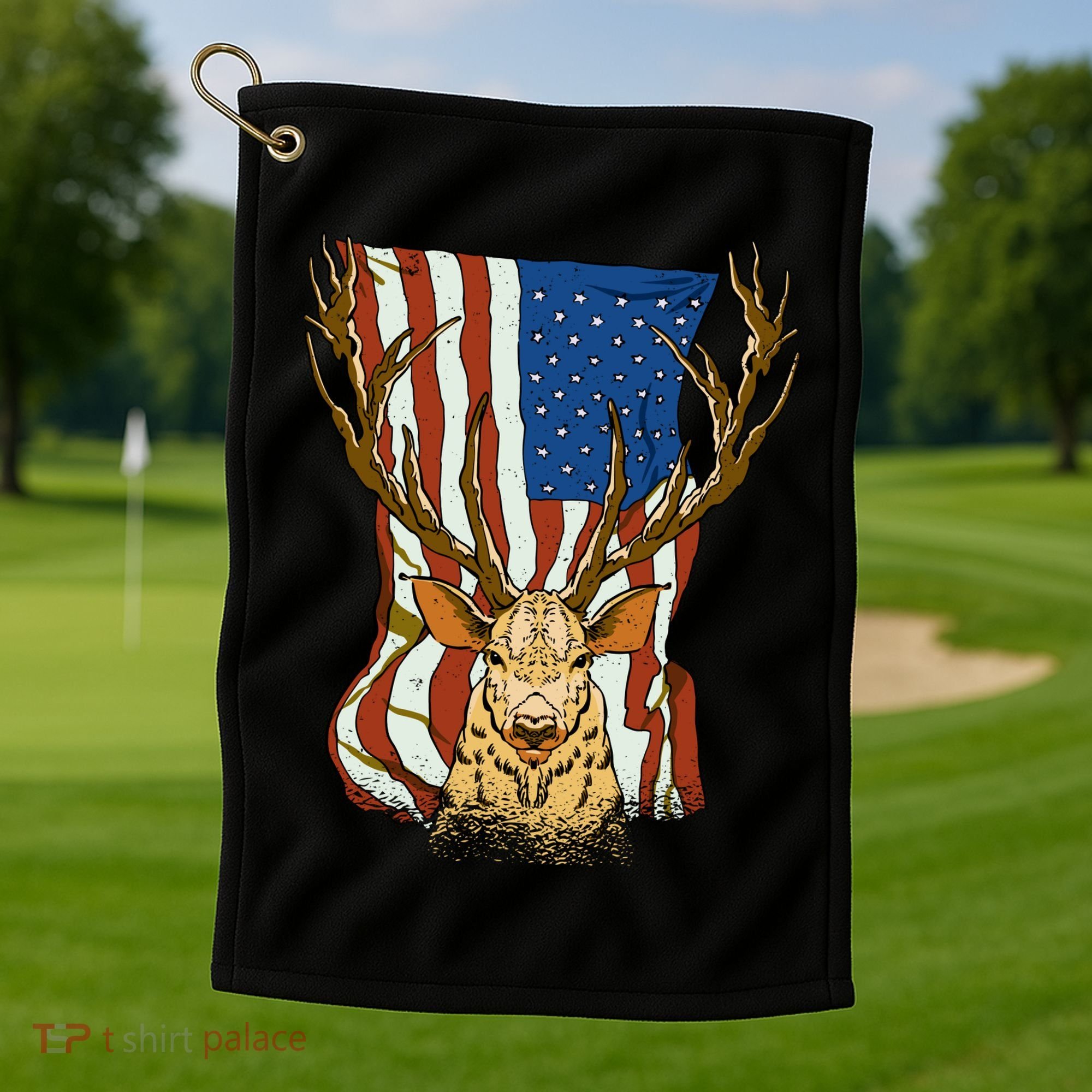 USA Flag Deer Hunting Gift Golf Towel
