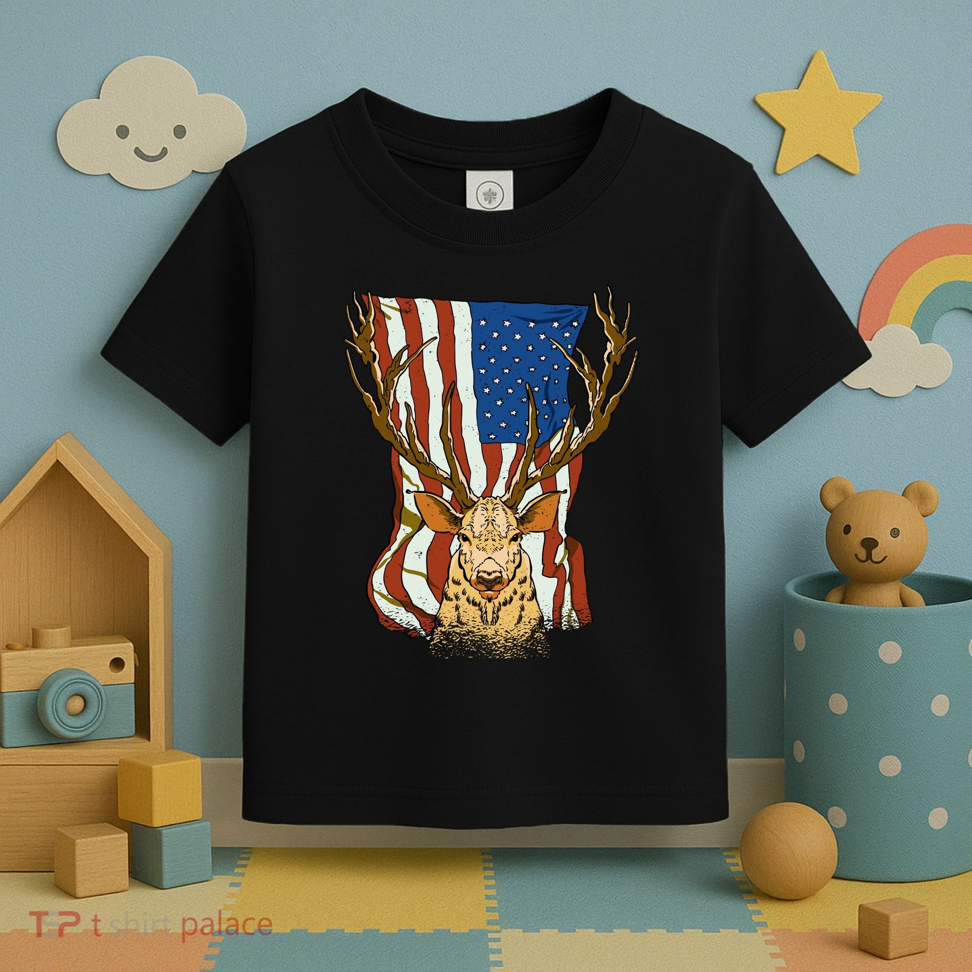 USA Flag Deer Hunting Gift Toddler T-Shirt