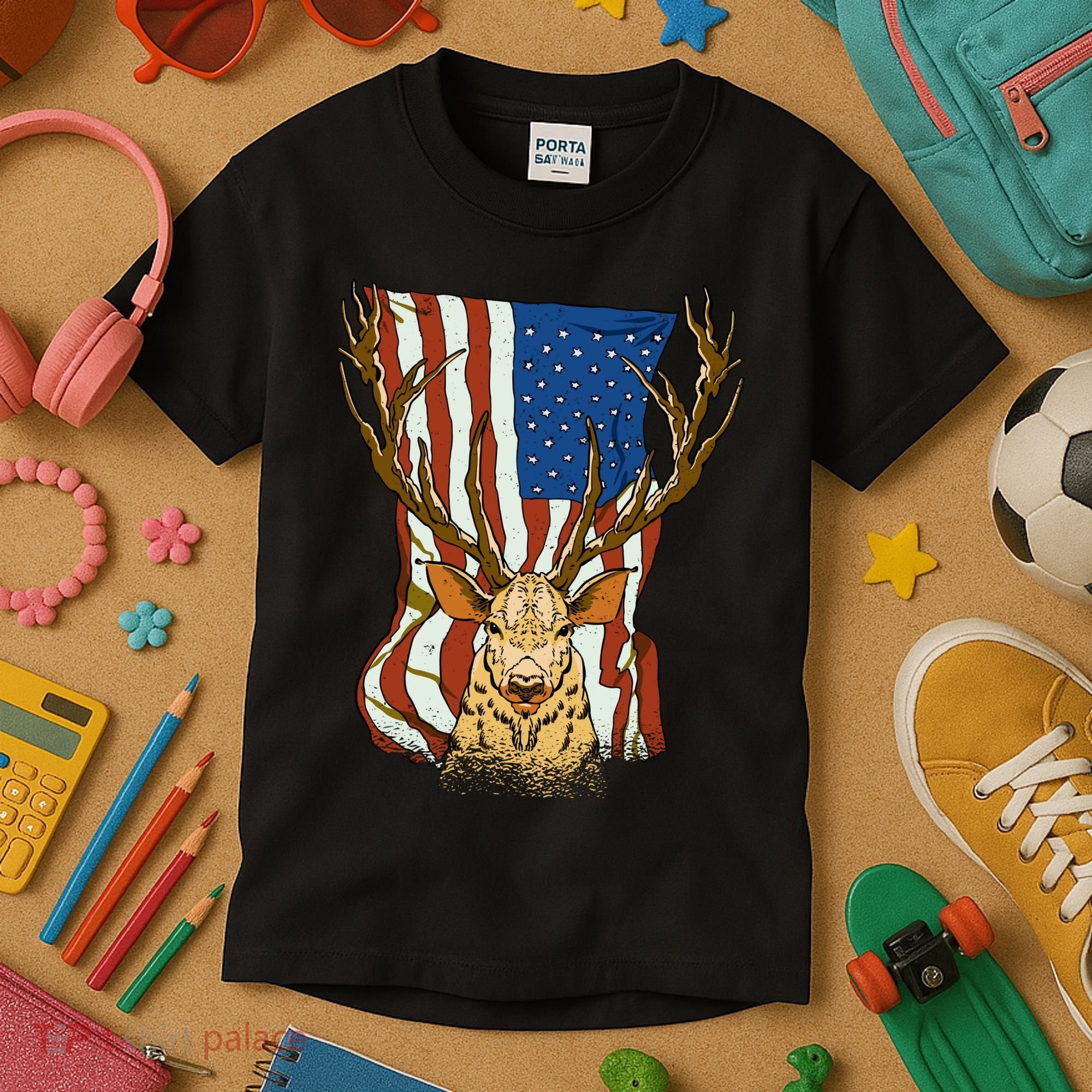 USA Flag Deer Hunting Gift Kids T-Shirt