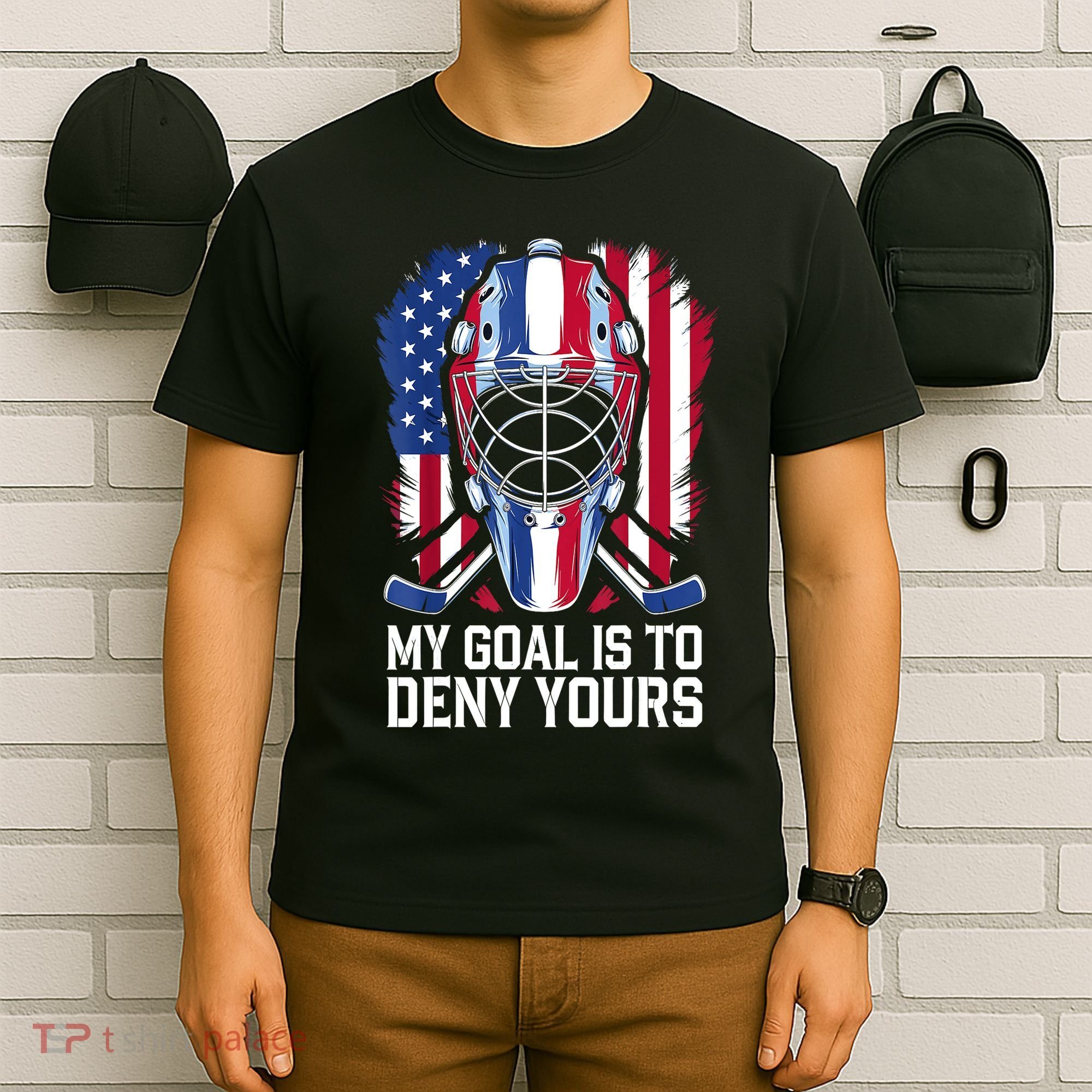 Us Flag Goalie My Goal Is To Deny Yours Ice Hockey Goalkeeper Gift T-Shirt