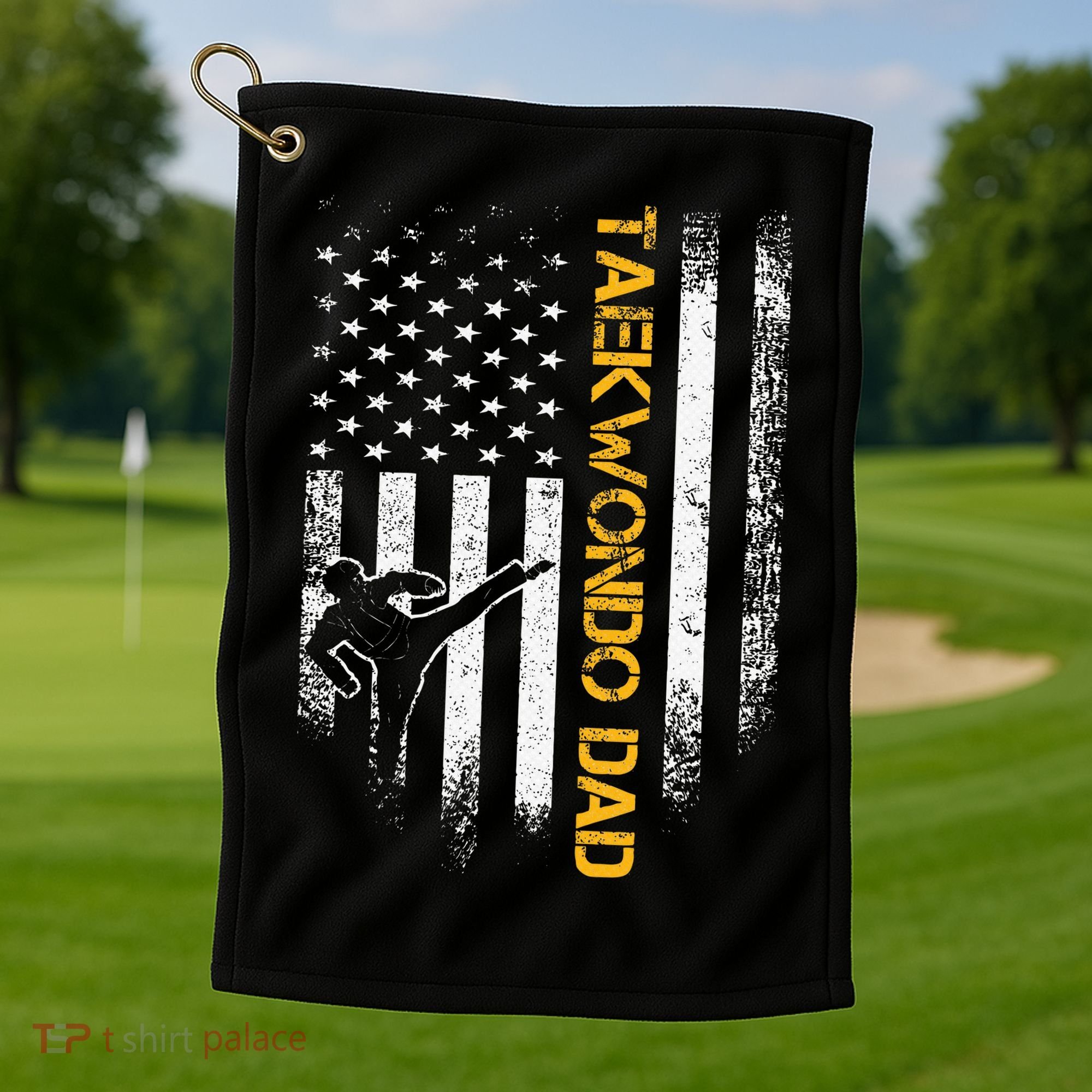 USA Flag Korea Taekwondo Training Dad Golf Towel