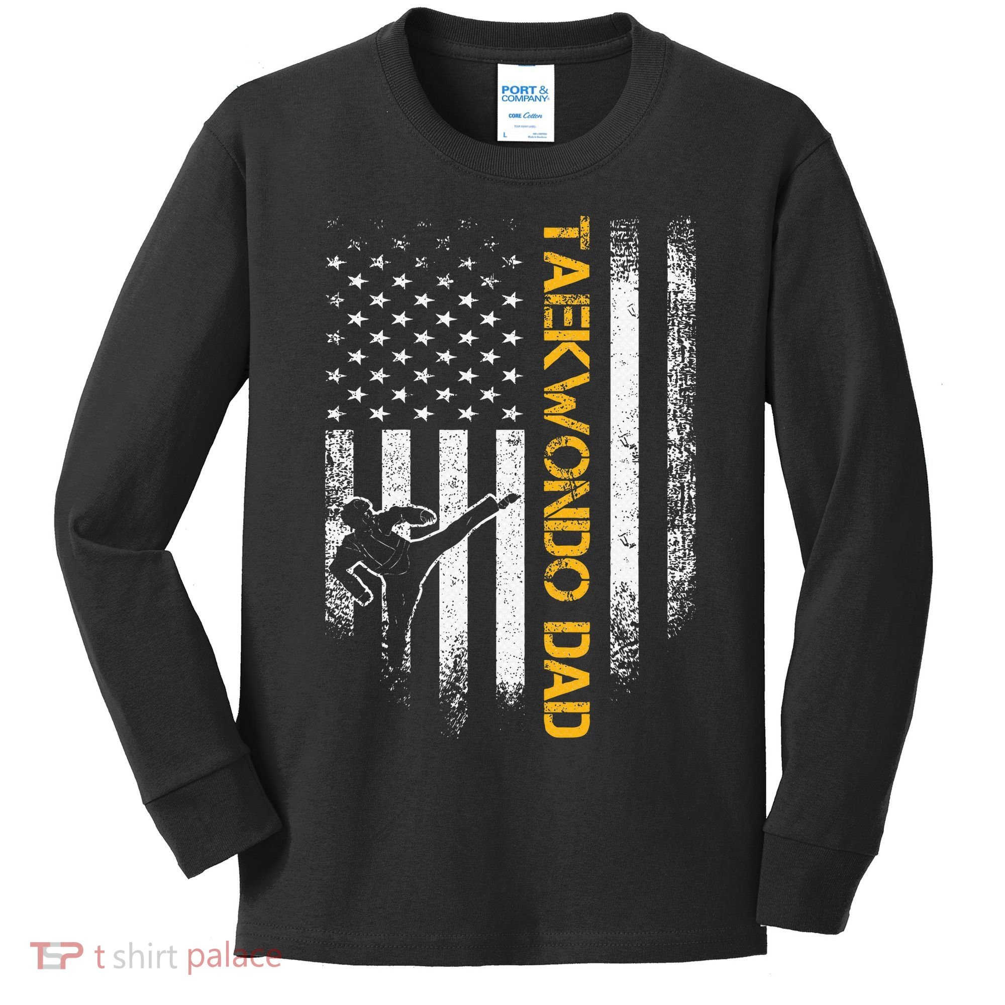 USA Flag Korea Taekwondo Training Dad Kids Long Sleeve Shirt