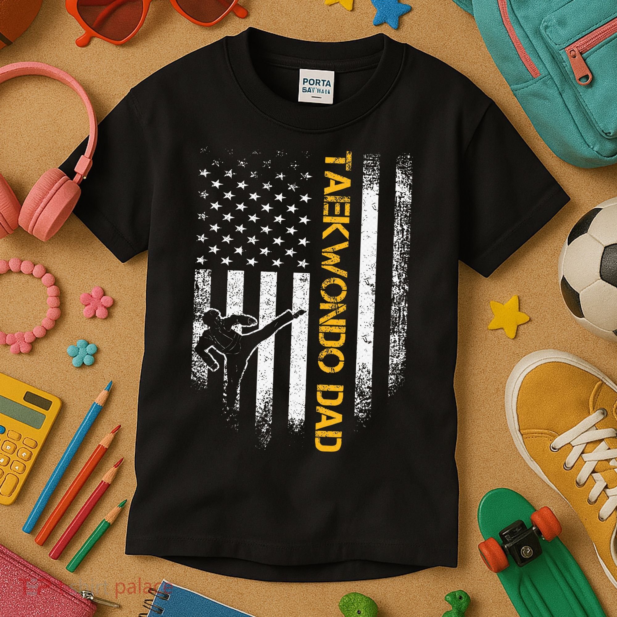 USA Flag Korea Taekwondo Training Dad Kids T-Shirt