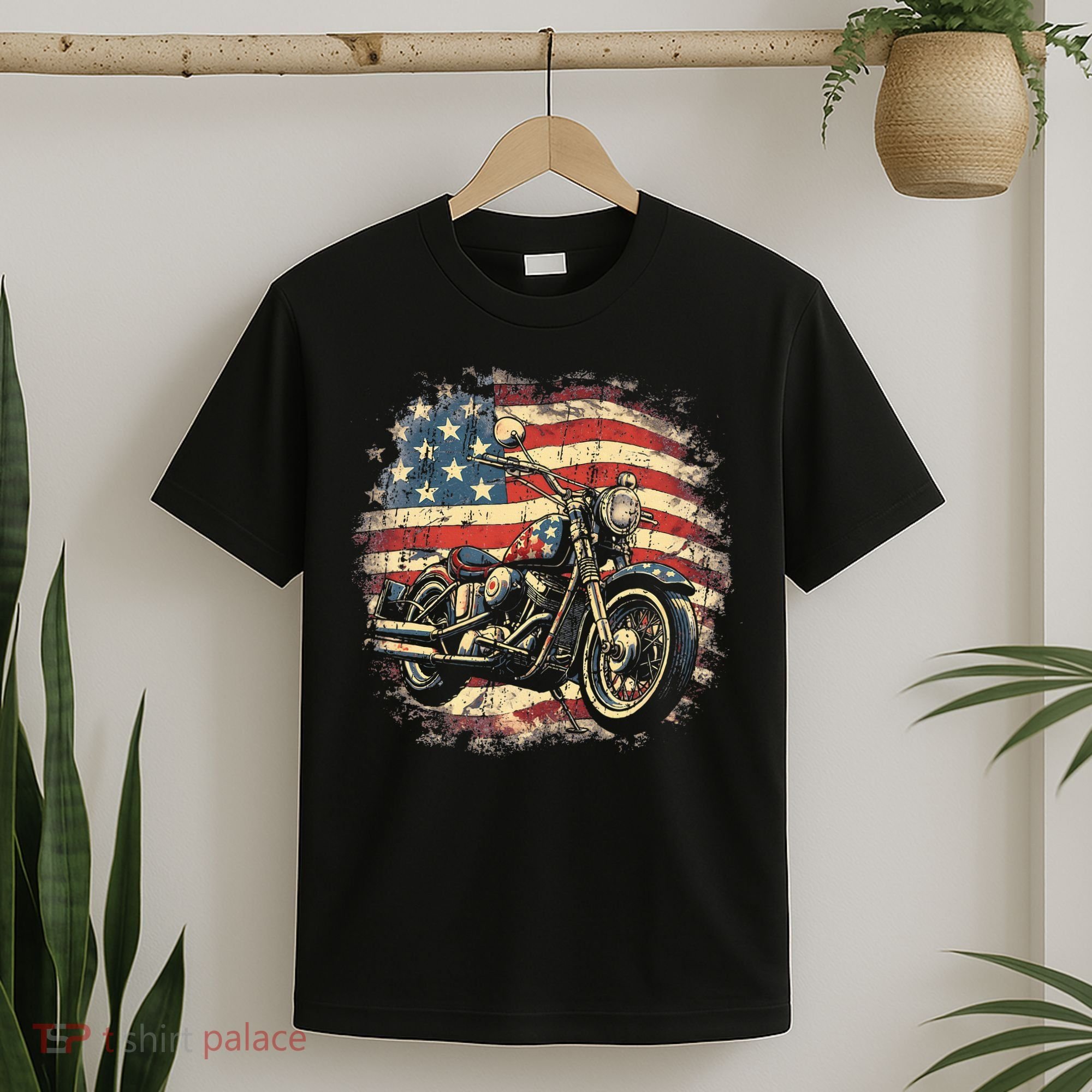 US Flag Motorcycle USA Retro Biker T-Shirt