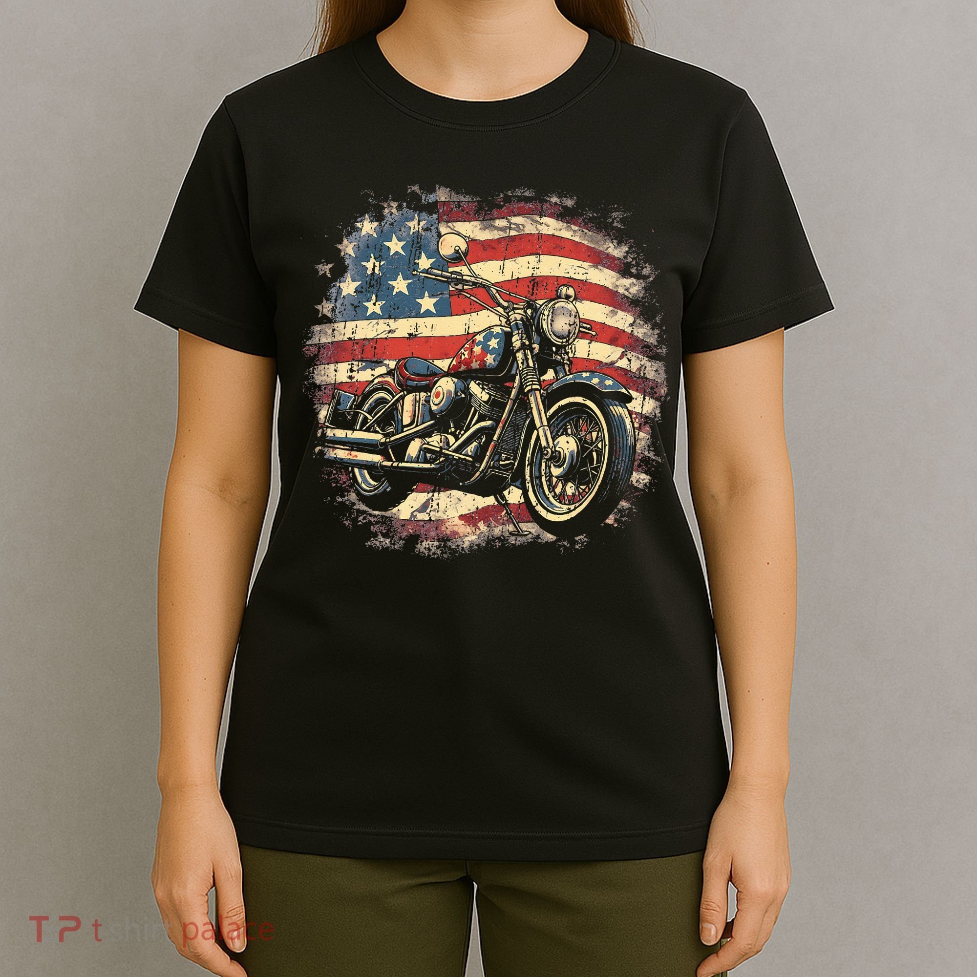 US Flag Motorcycle USA Retro Biker T-Shirt