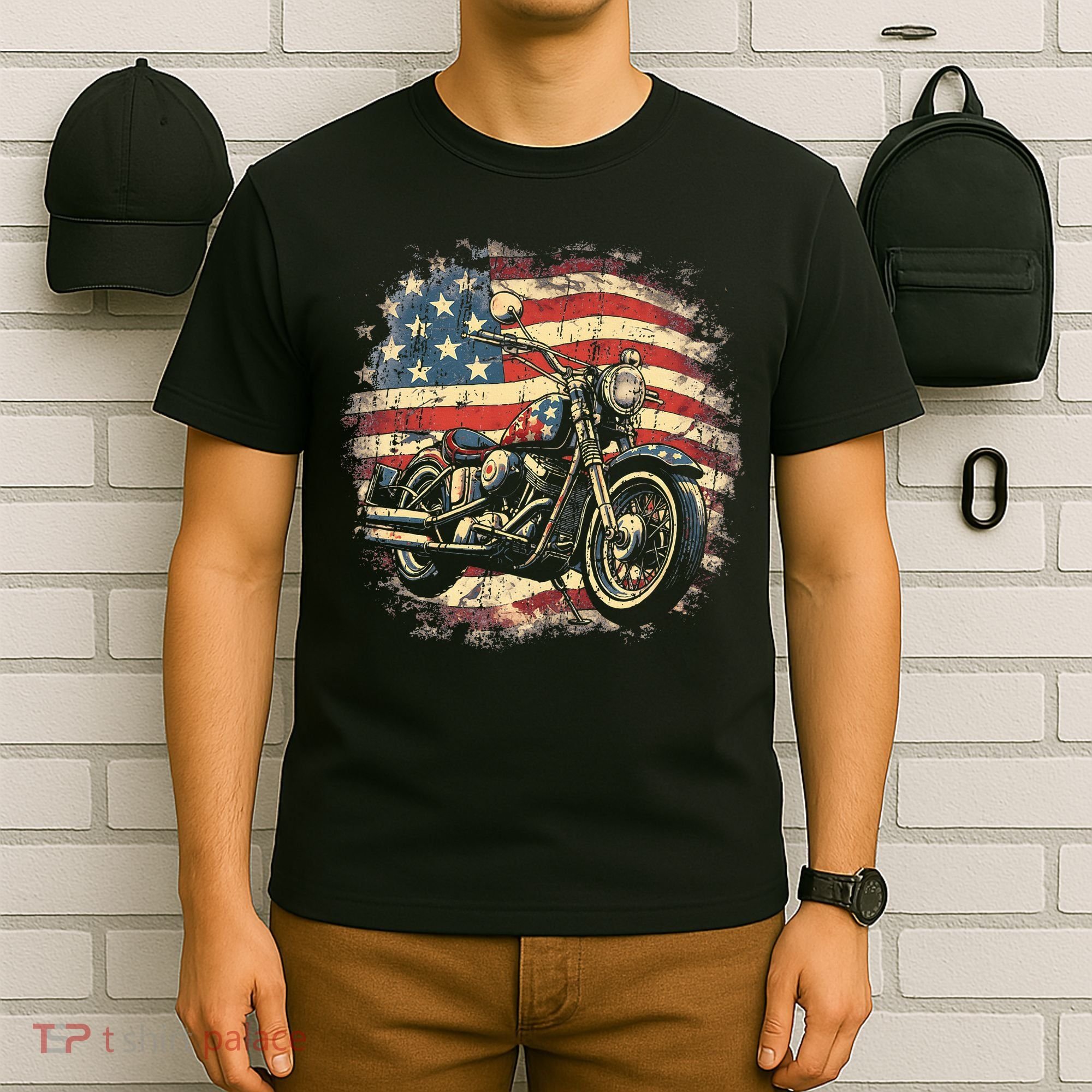 US Flag Motorcycle USA Retro Biker T-Shirt