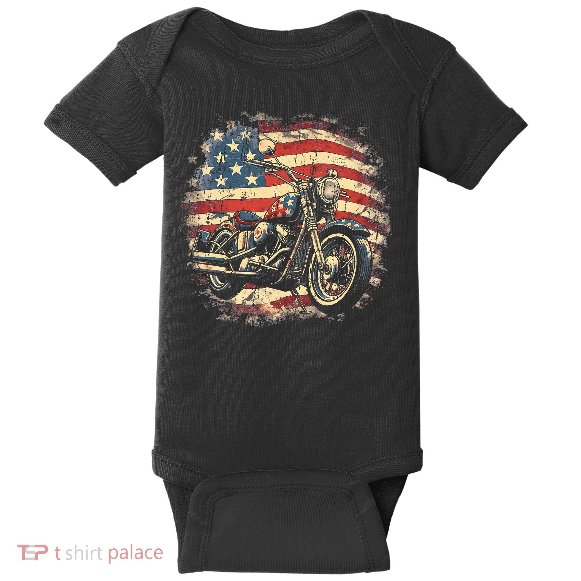 US Flag Motorcycle USA Retro Biker Baby Bodysuit