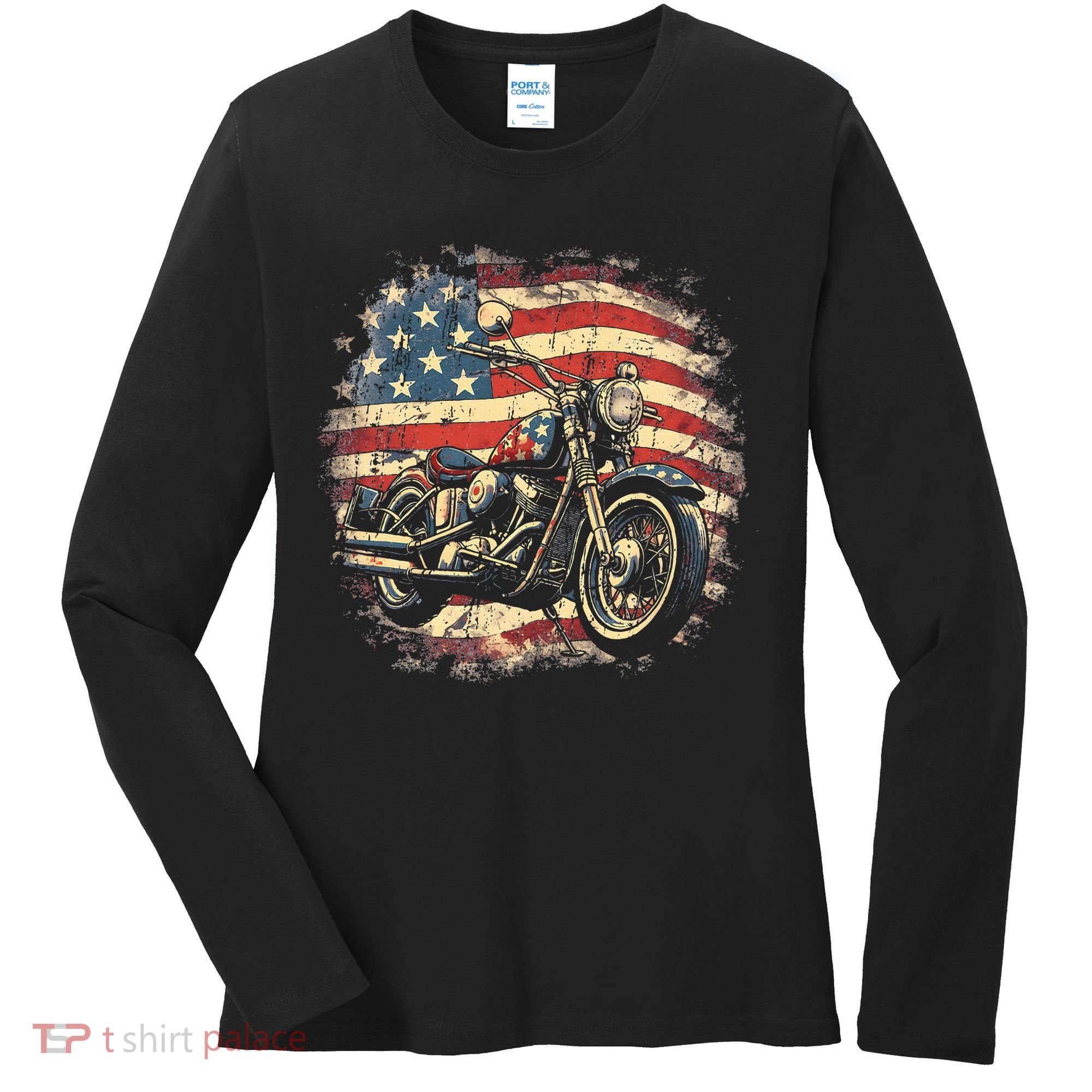 US Flag Motorcycle USA Retro Biker Women's Long Sleeve Shirt